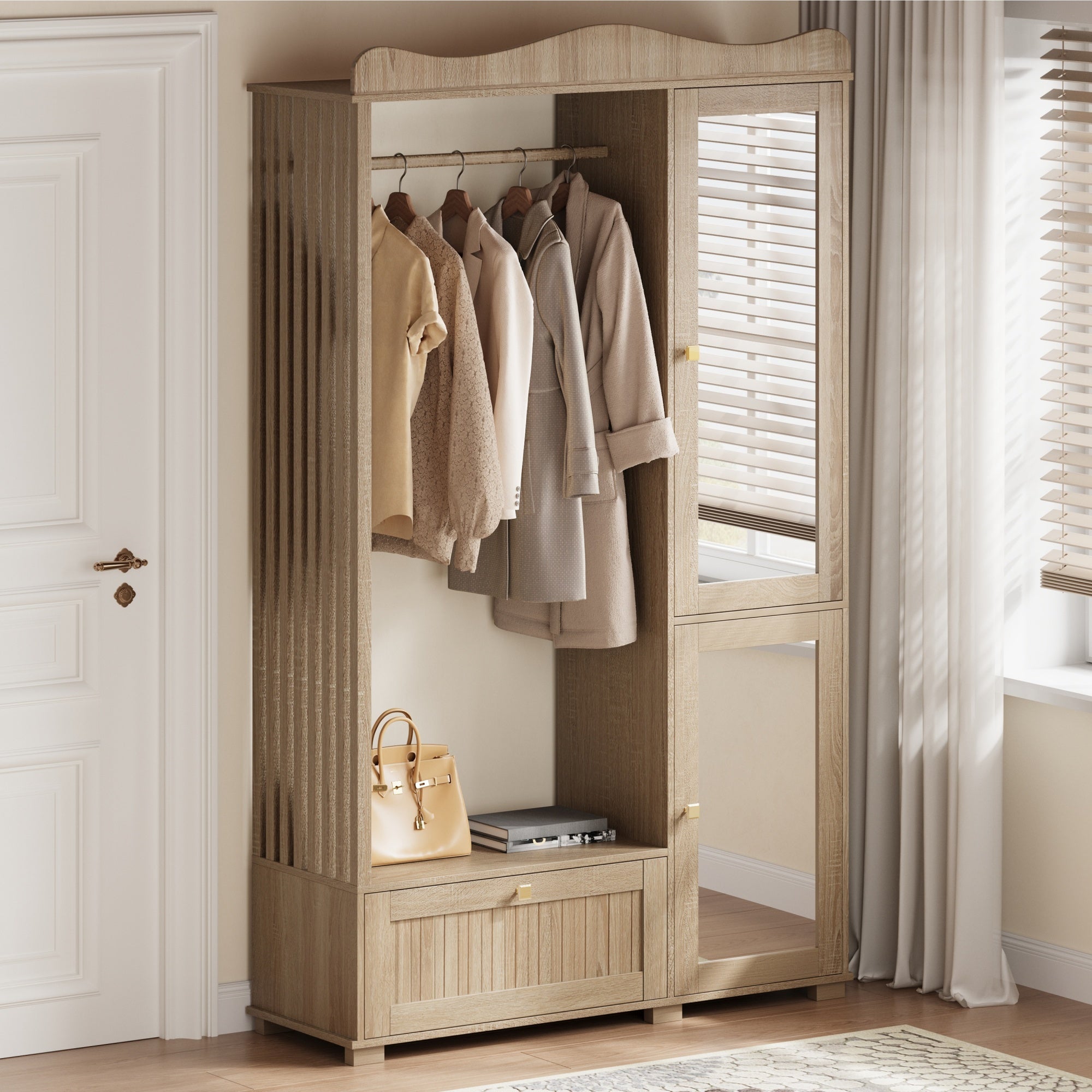 Wardrobe with Mirror and Open Clothes Rack, Drawer and 2 Doors, Wood Wood