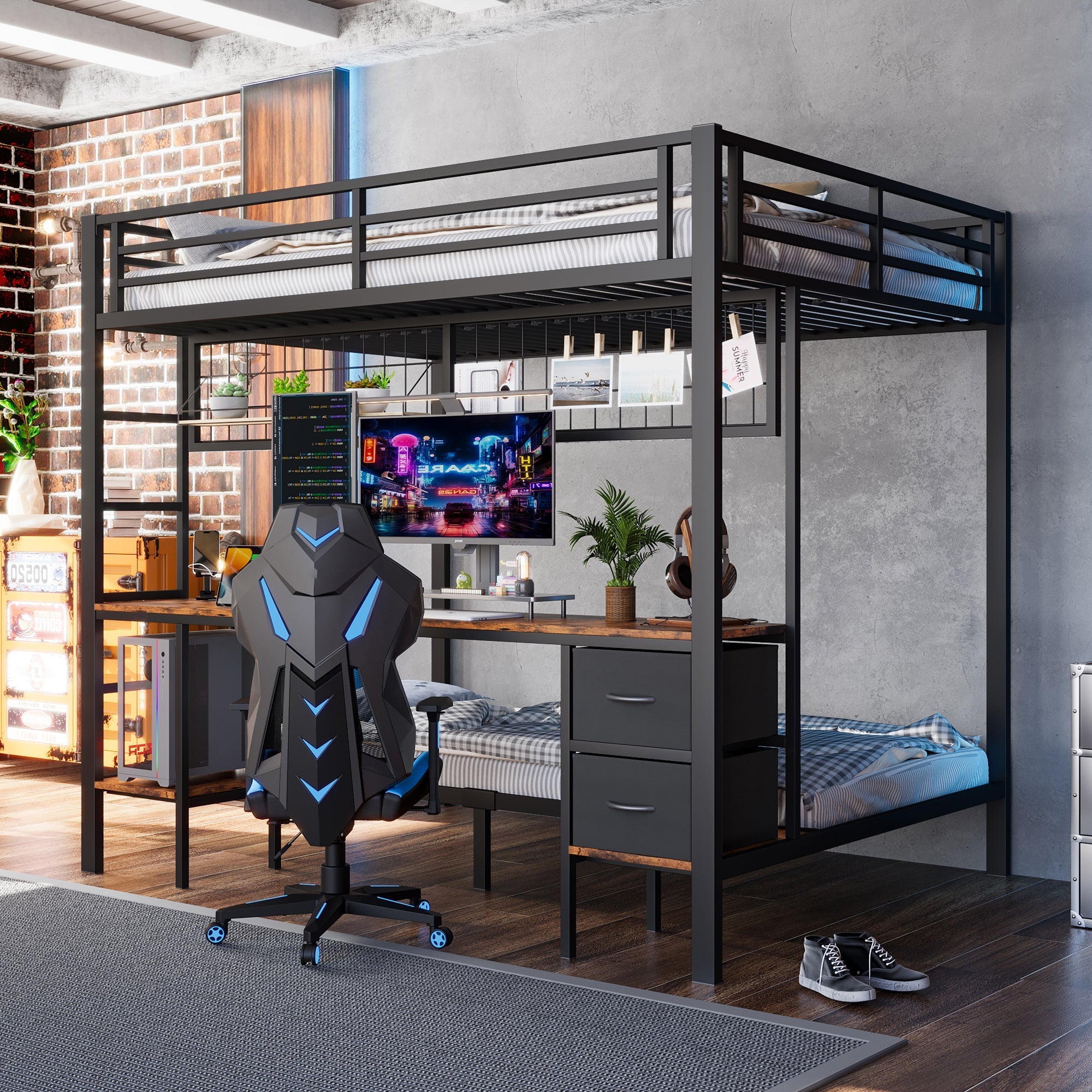 Loft Bed 90x200/140x200 Iron Frame Drawers Desk Storage LED USB Black