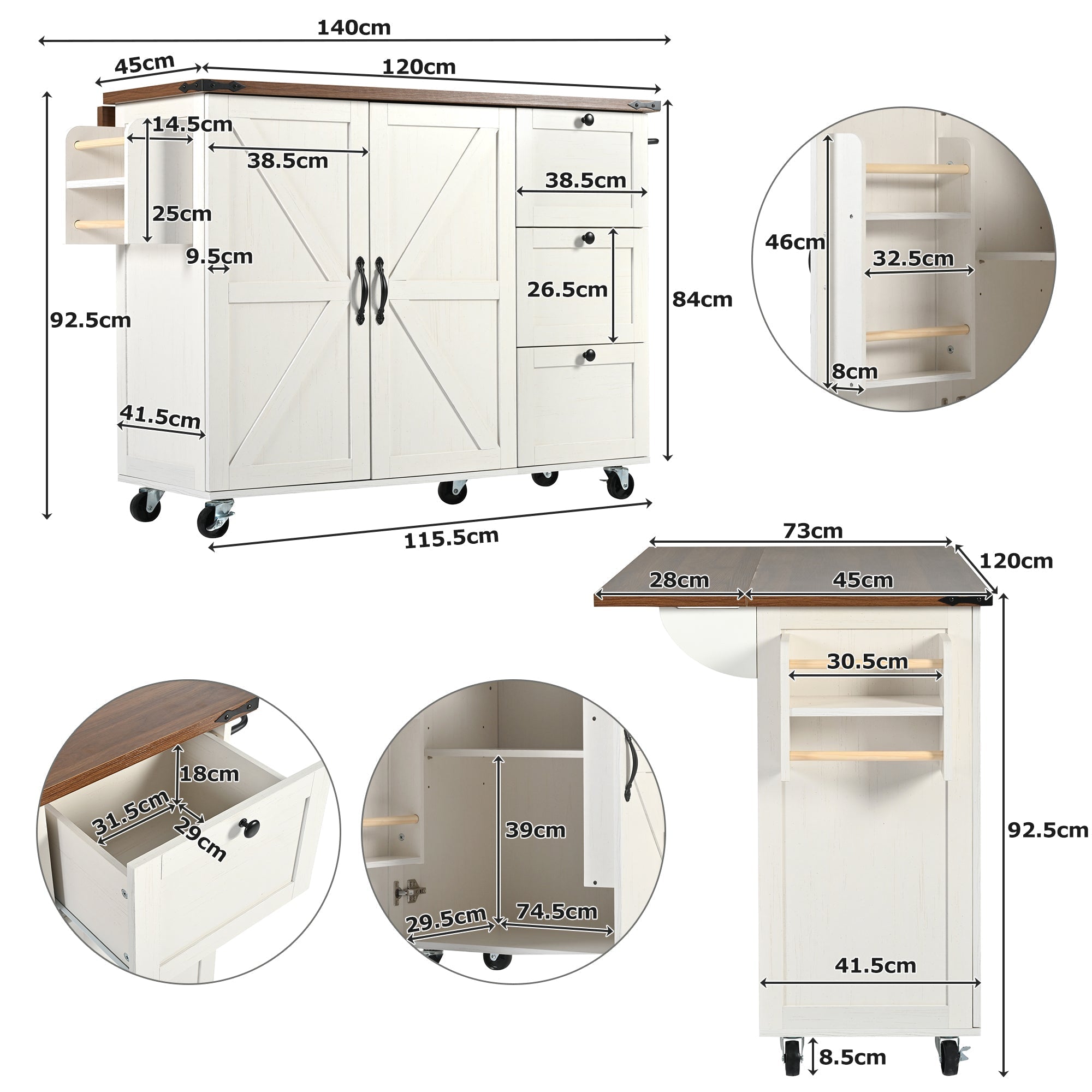 Kitchen Island Serving Cart with Extendable Worktop and Wood Grain, Two Doors and Three Drawers