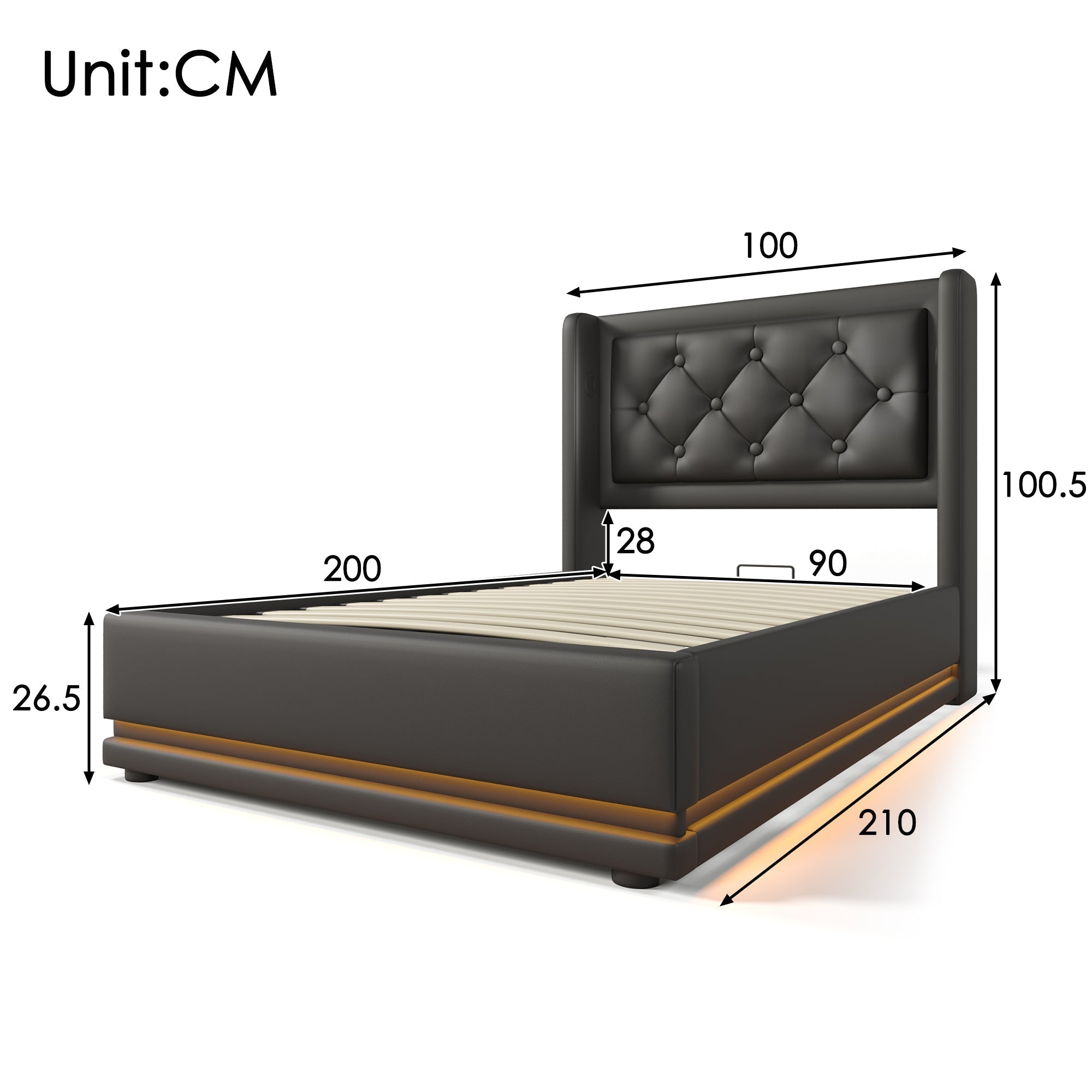 Upholstered Bed, 90x200cm Hydraulic Storage with USB, LED, Black PU