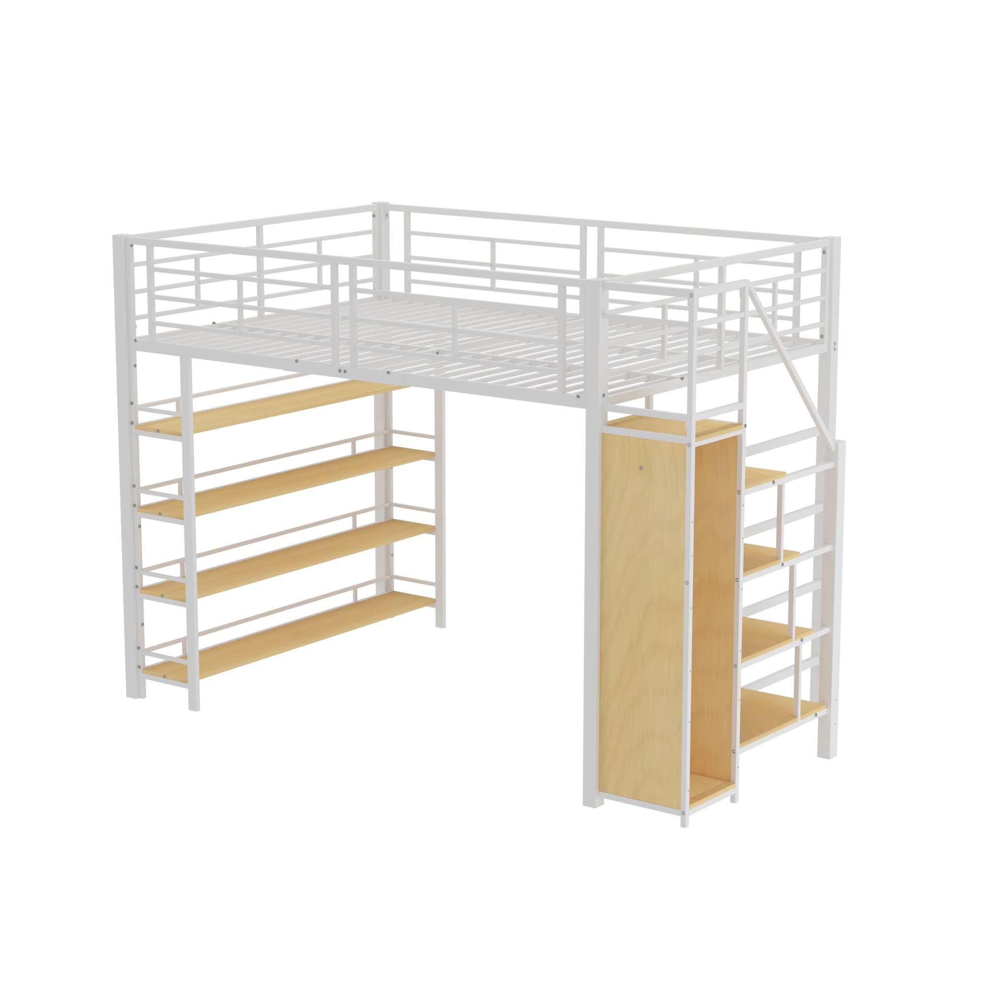 Loft Bed, 140*200 with Stairs, Storage, Wardrobe, Shelves, White