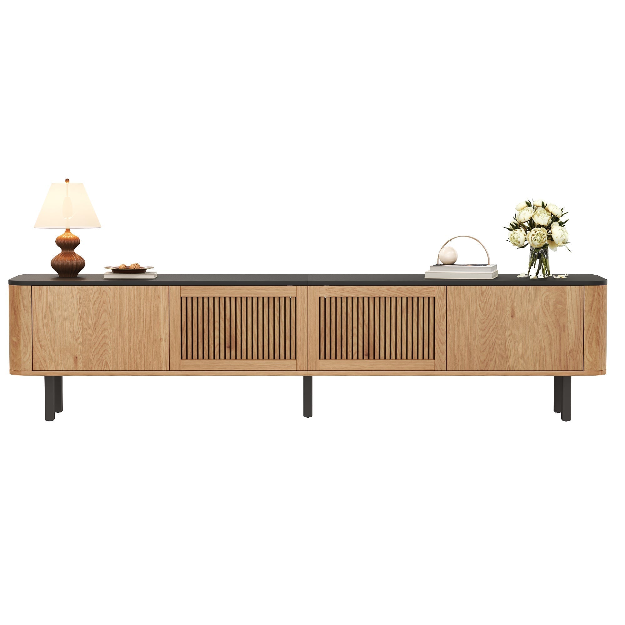 Modern TV Cabinet with Mesh Doors and Storage Compartments, Black and Oak finish