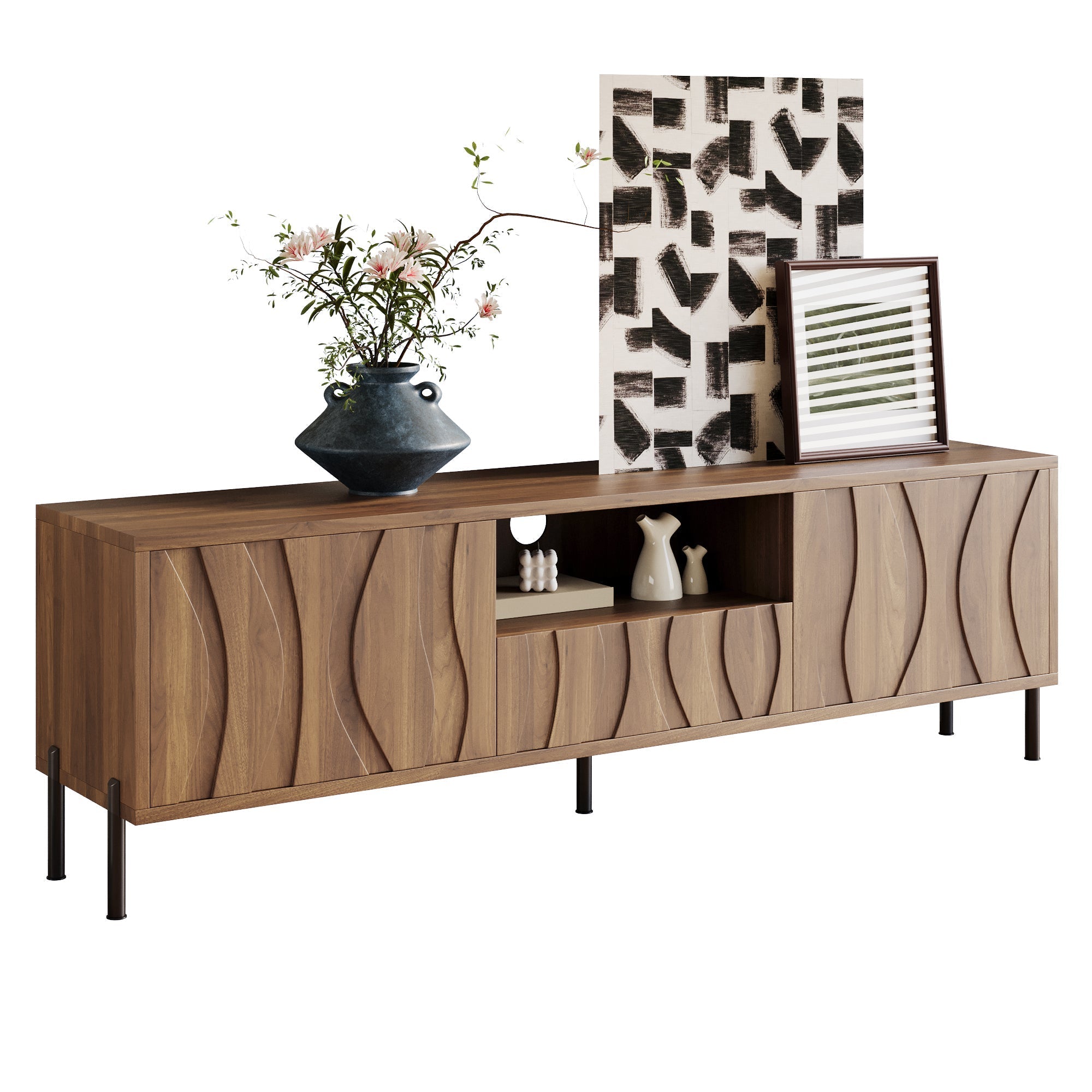 TV Cabinet with Three Doors, Low Cabinet 160x35x46cm, MDF Natural