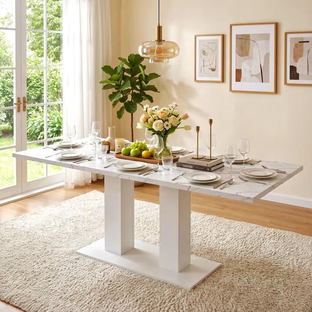 Extendable Dining Table, 140/180x70cm for 6-8 People, Rectangular Thickened Tabletop, White