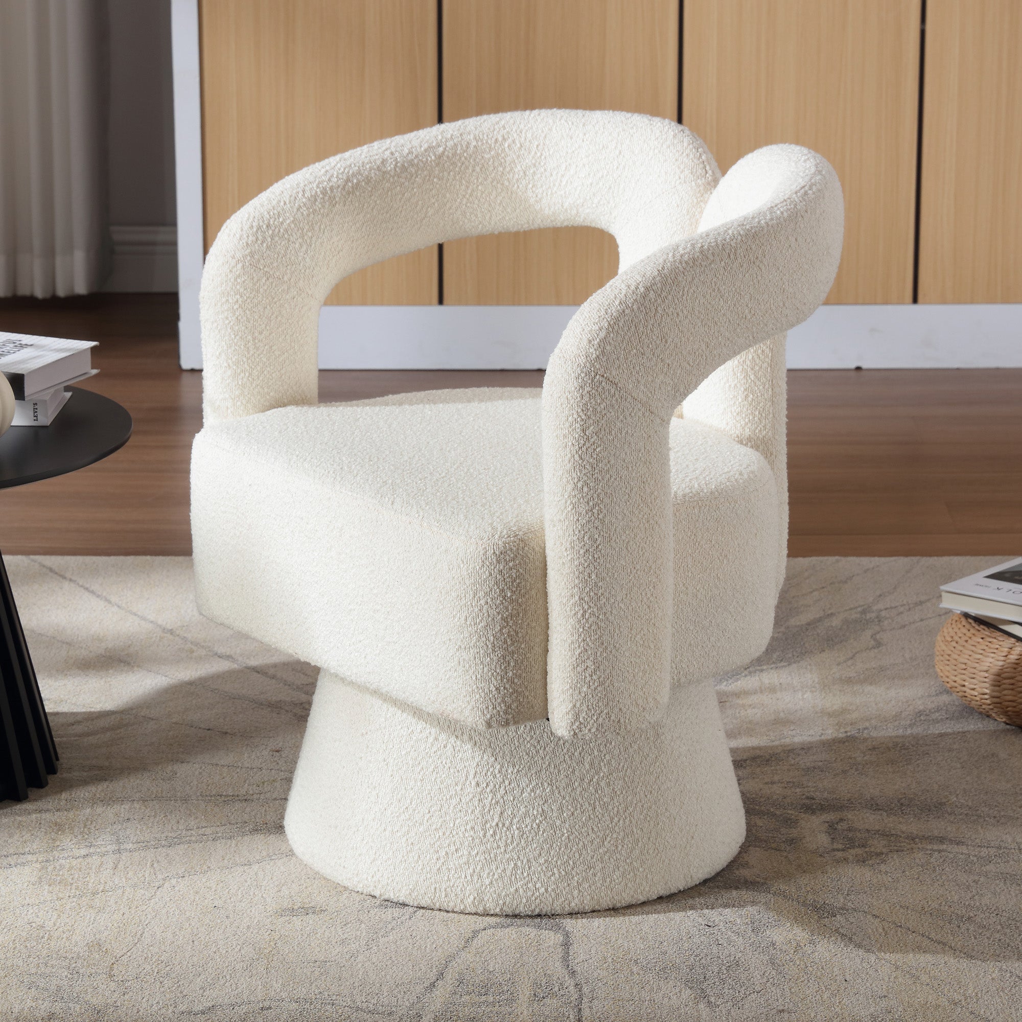 Swivel Barrel Armchair 360° Round Fluffy Fabric, Beige