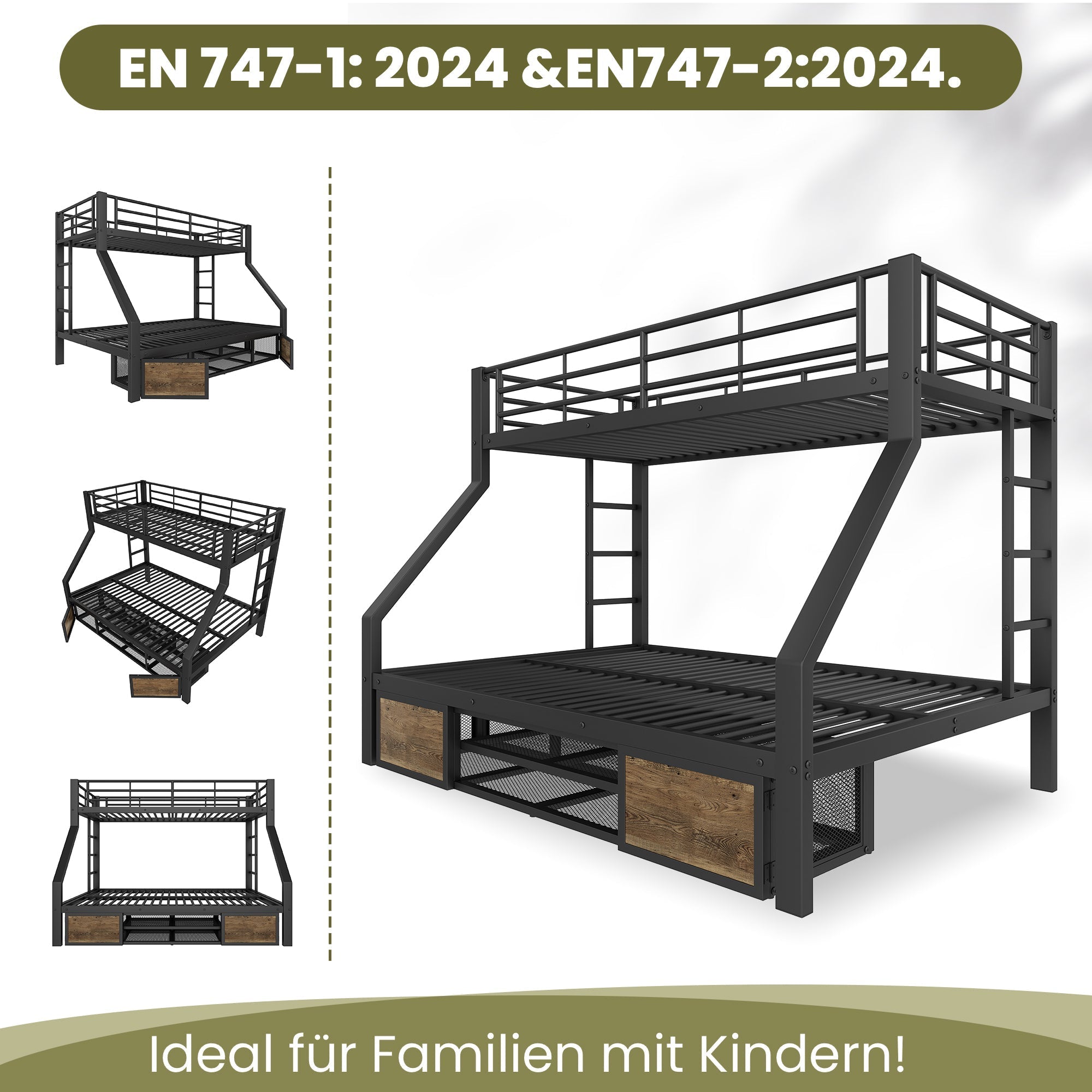Bunk Bed for Children with Shoe Rack, Storage Compartments and Safety Rails, Black