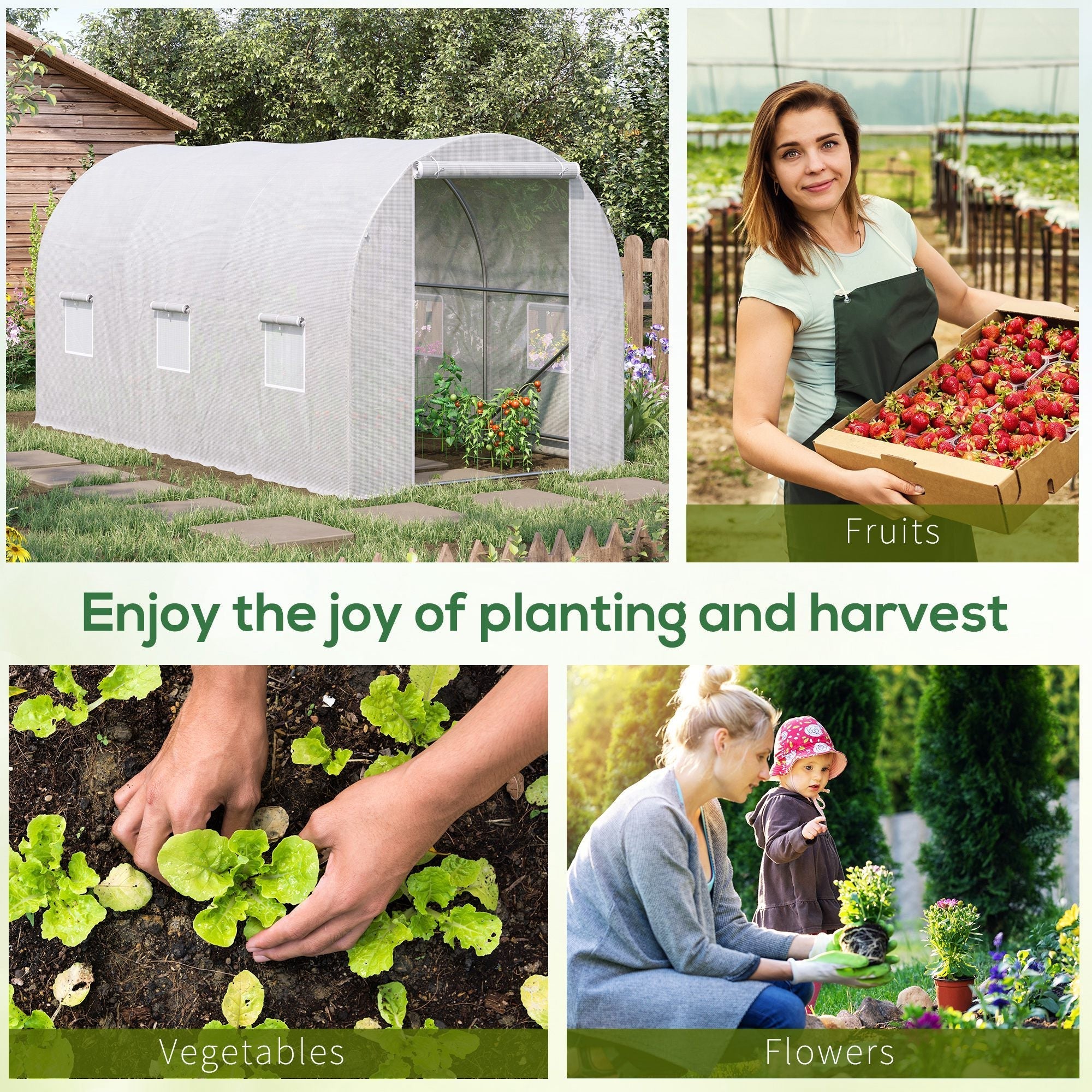 Polytunnel Greenhouse, 3.5 x 2 x 2 m Walk-in with Mesh Windows, Galvanised Steel, White
