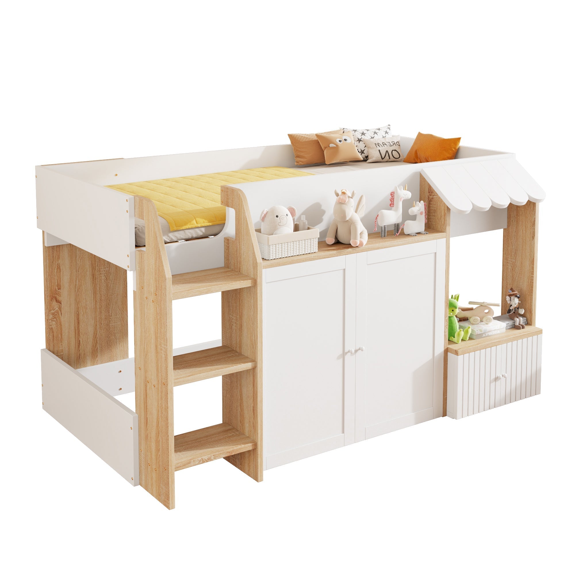 Children's House Bed 90x200 Mid-Height Storage Climbing Ladder - Solid Wood White/Natural