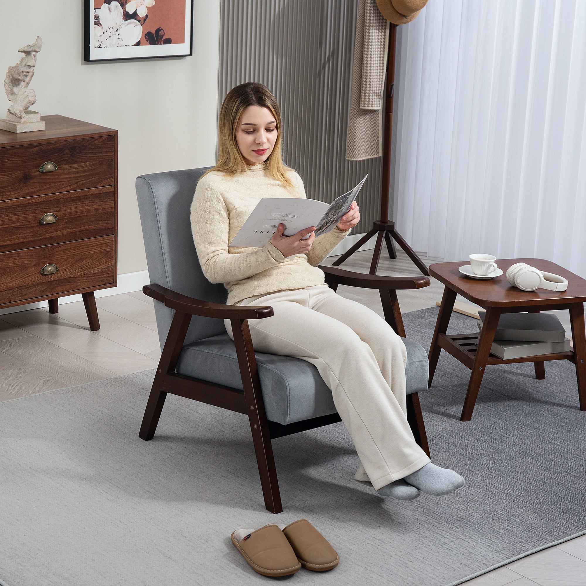 Nordic Accent Chair, Upholstered Armchair with Solid Wood Frame, Velvet Grey