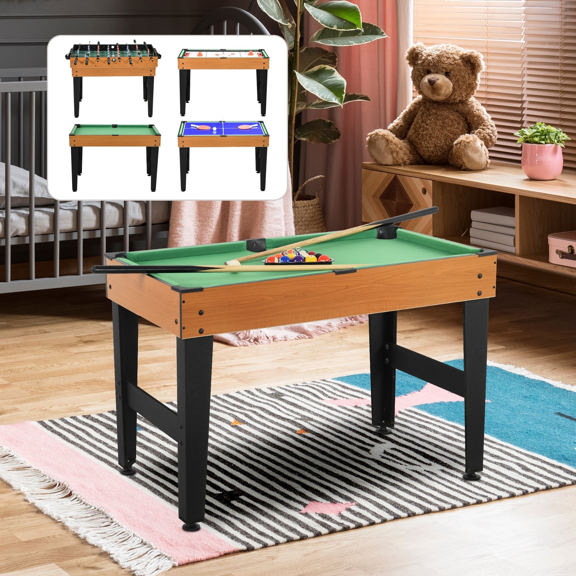 4-in-1 Multigame Table, Table Tennis Foosball Billiards Hockey, Natural Wood + Black