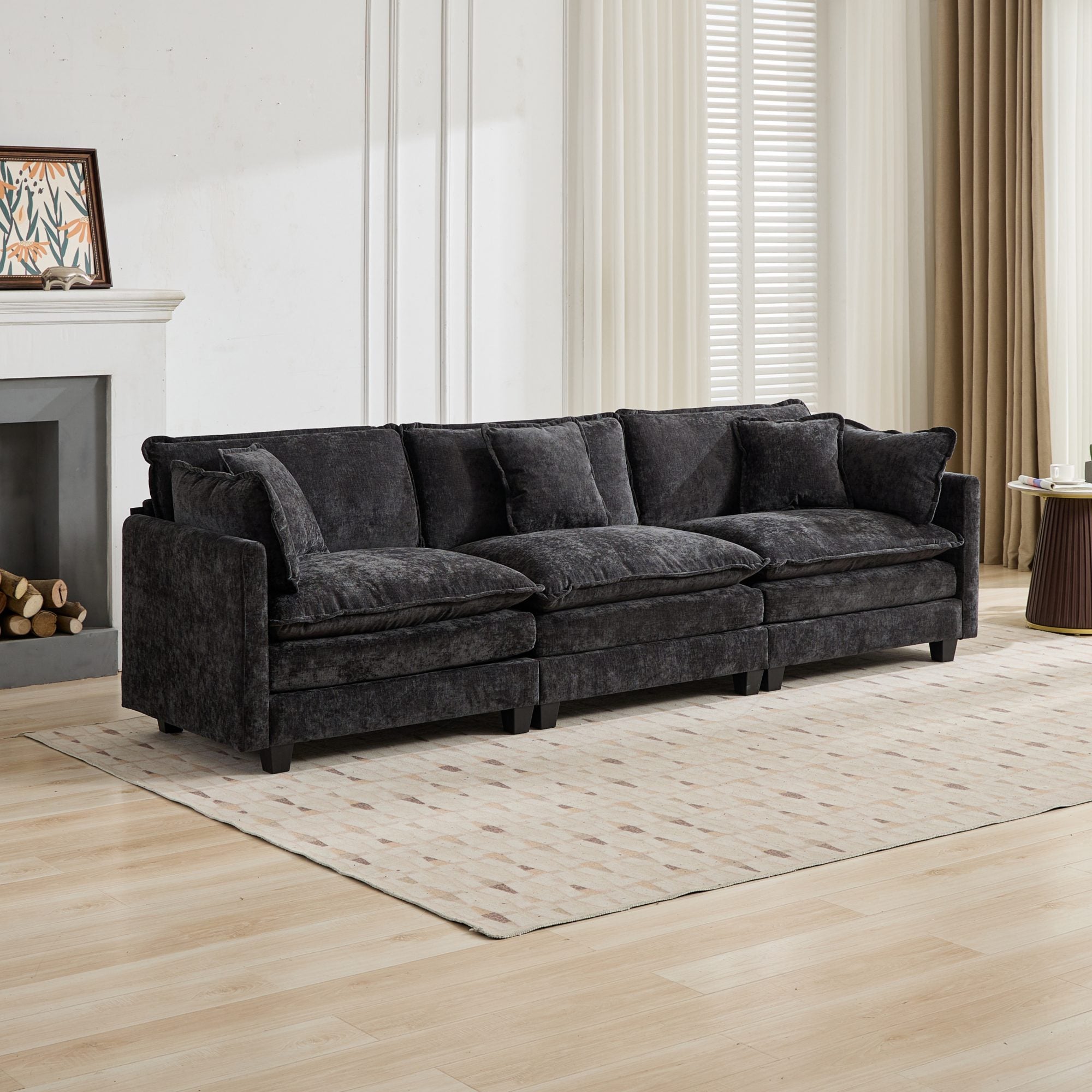 Cloud Sofa 3 Seater Modern Sectional Couch with Double Layer Upholstered Cushion, Black Chenille Fabric