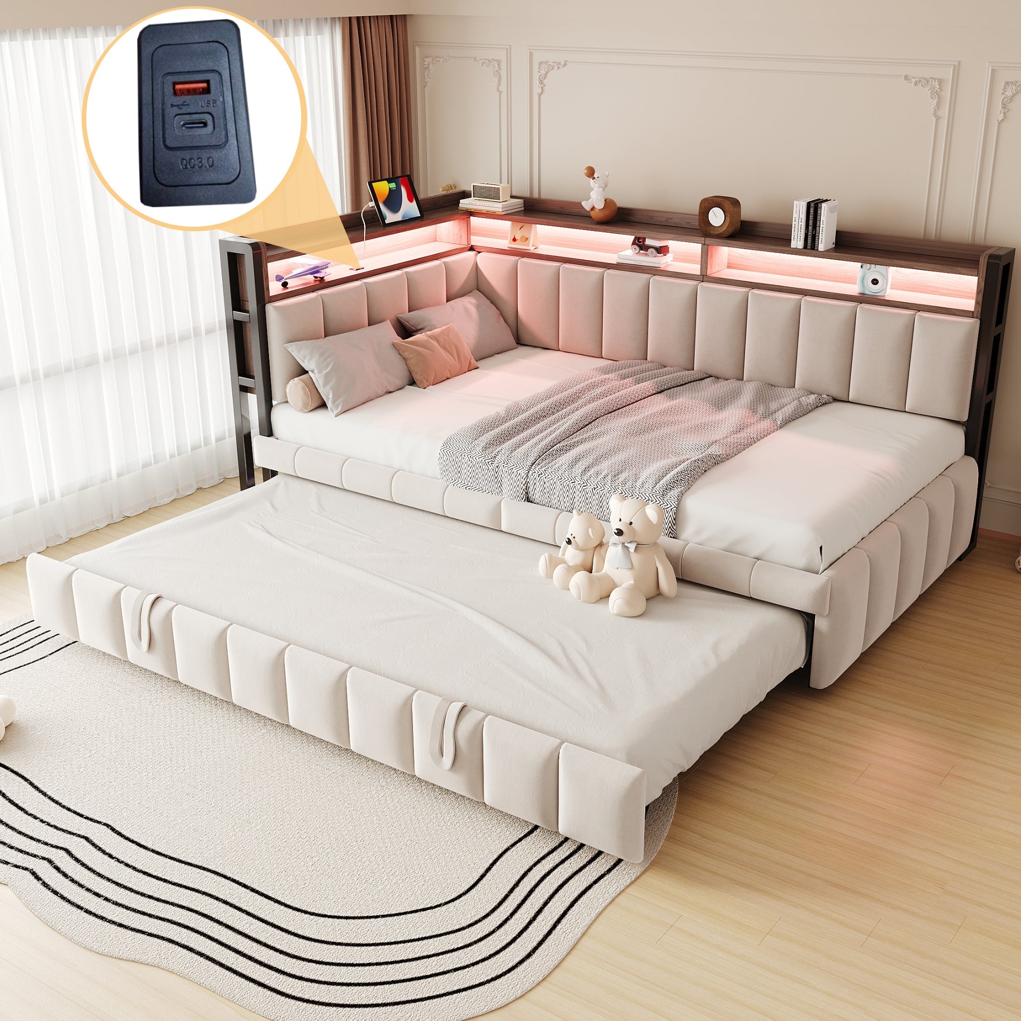 Upholstered Sofa Bed with Pull-out Bed, LED Lighting, Storage and USB Ports, 90x200cm, Beige Velvet