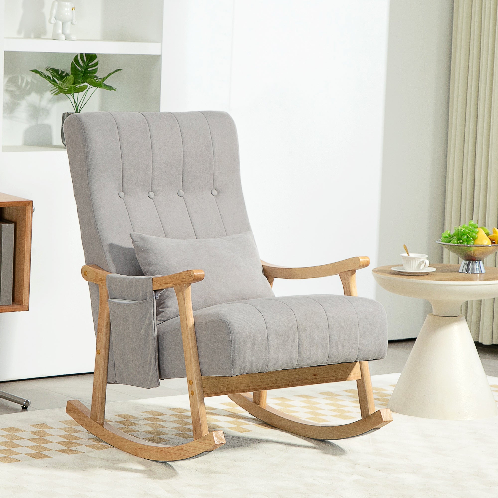 Rocking Chair Upholstered with Lumbar Cushion Side Pocket Wooden Frame, Linen Look Grey