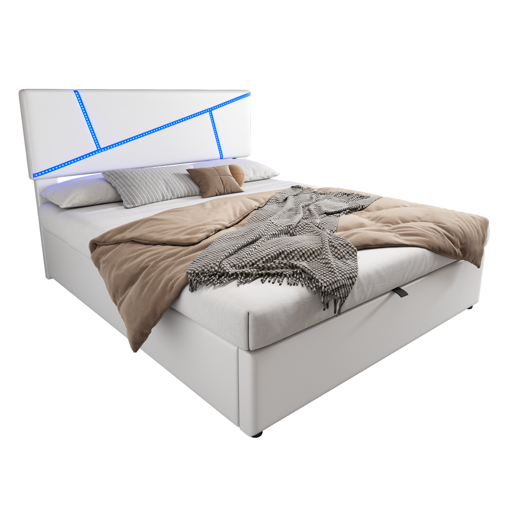Upholstered Storage Bed with LED Lights and Hydraulic Lift, 160x200cm, White Synthetic Leather