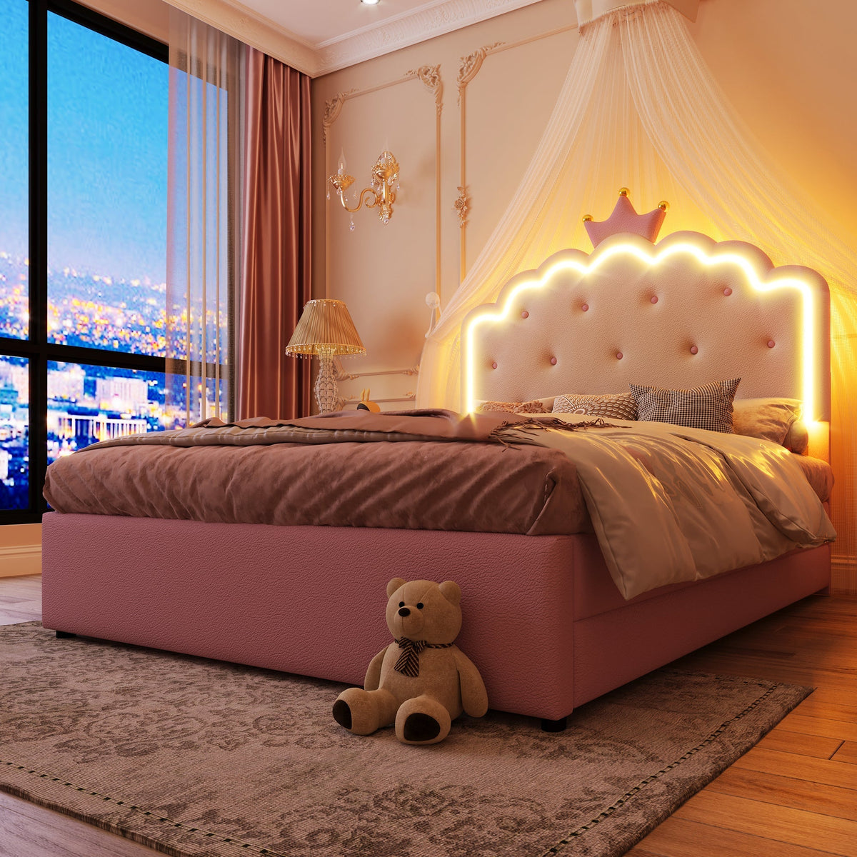 Upholstered Bed 140x200cm Pull-out 2 Drawers Ambient LED Princess Design - Pink PU