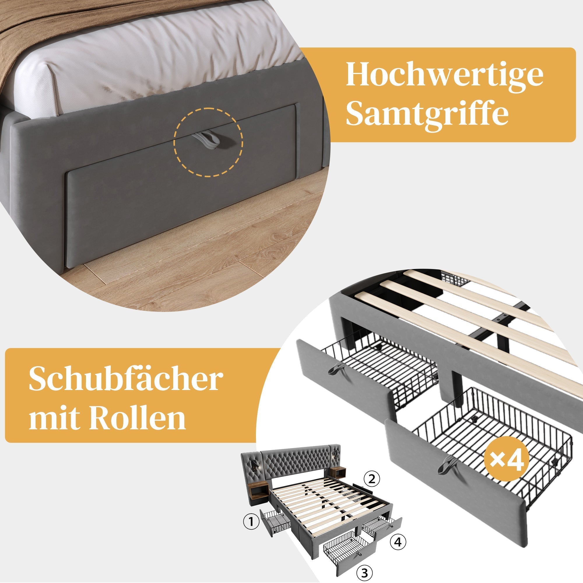Bedroom Set, Upholstered Double Bed 160×200 cm with 2 Nightstands & 4 Drawers, Headboard Reading Light with USB Charging, Gray Velvet (With Mattress)