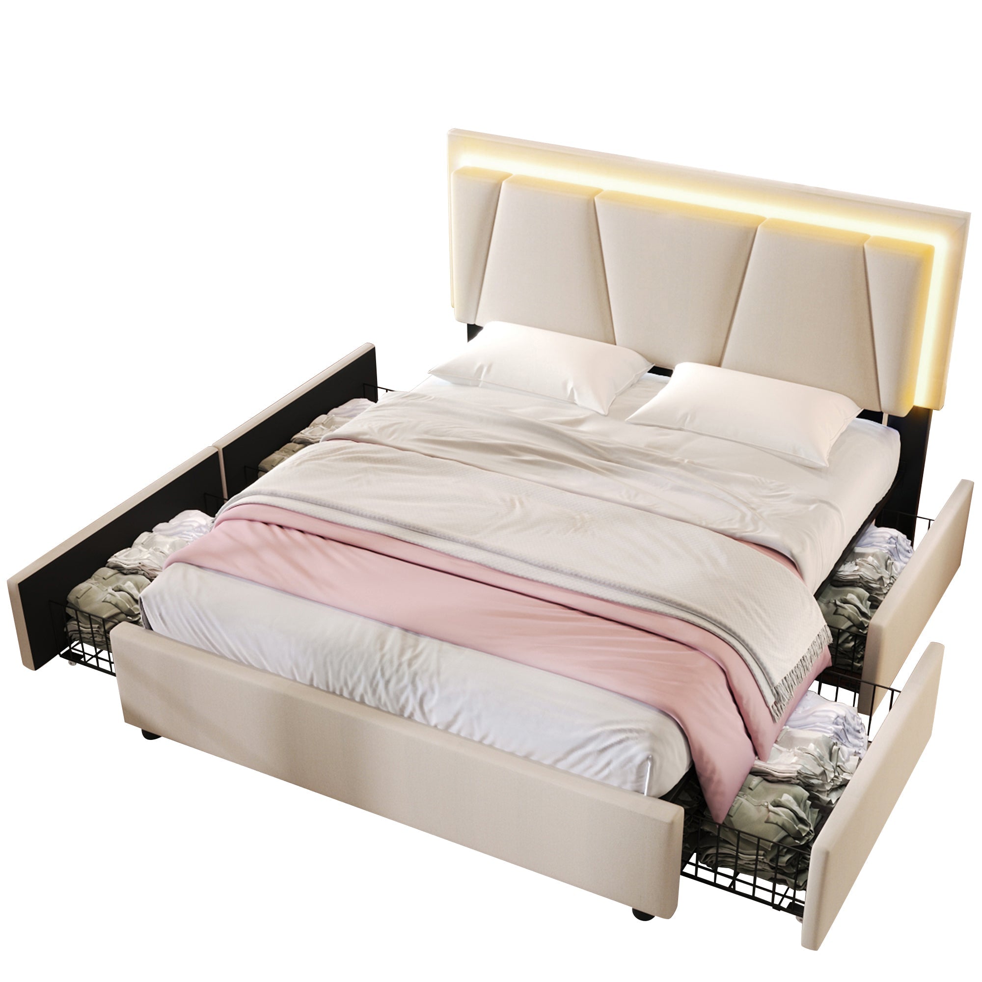 Upholstered Bed with LED Lighting, 4 Drawers and Adjustable Headboard, 160x200cm, Beige