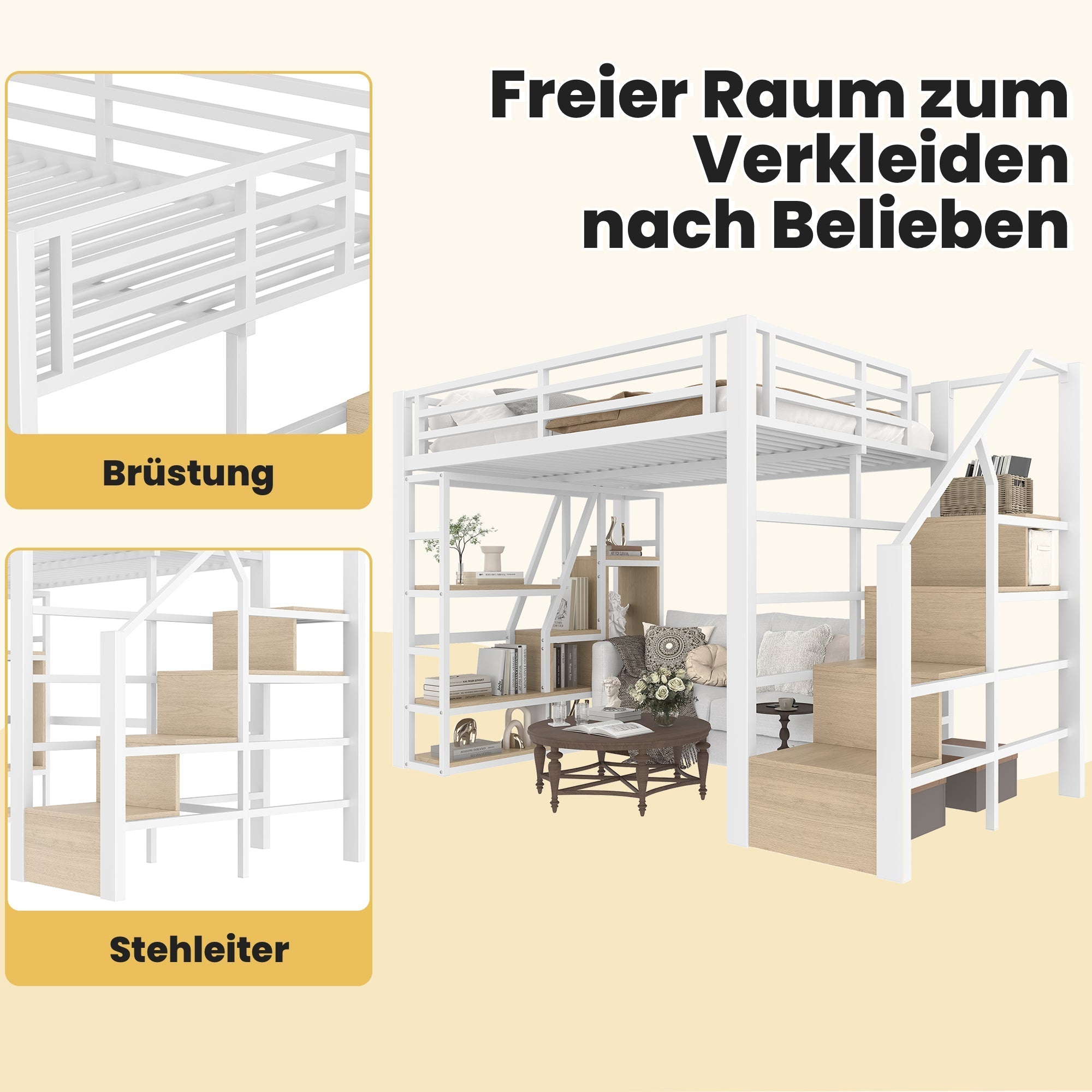 Loft Bed with LED, Storage Compartment and Integrated Steps, 140x200cm, White Iron Frame