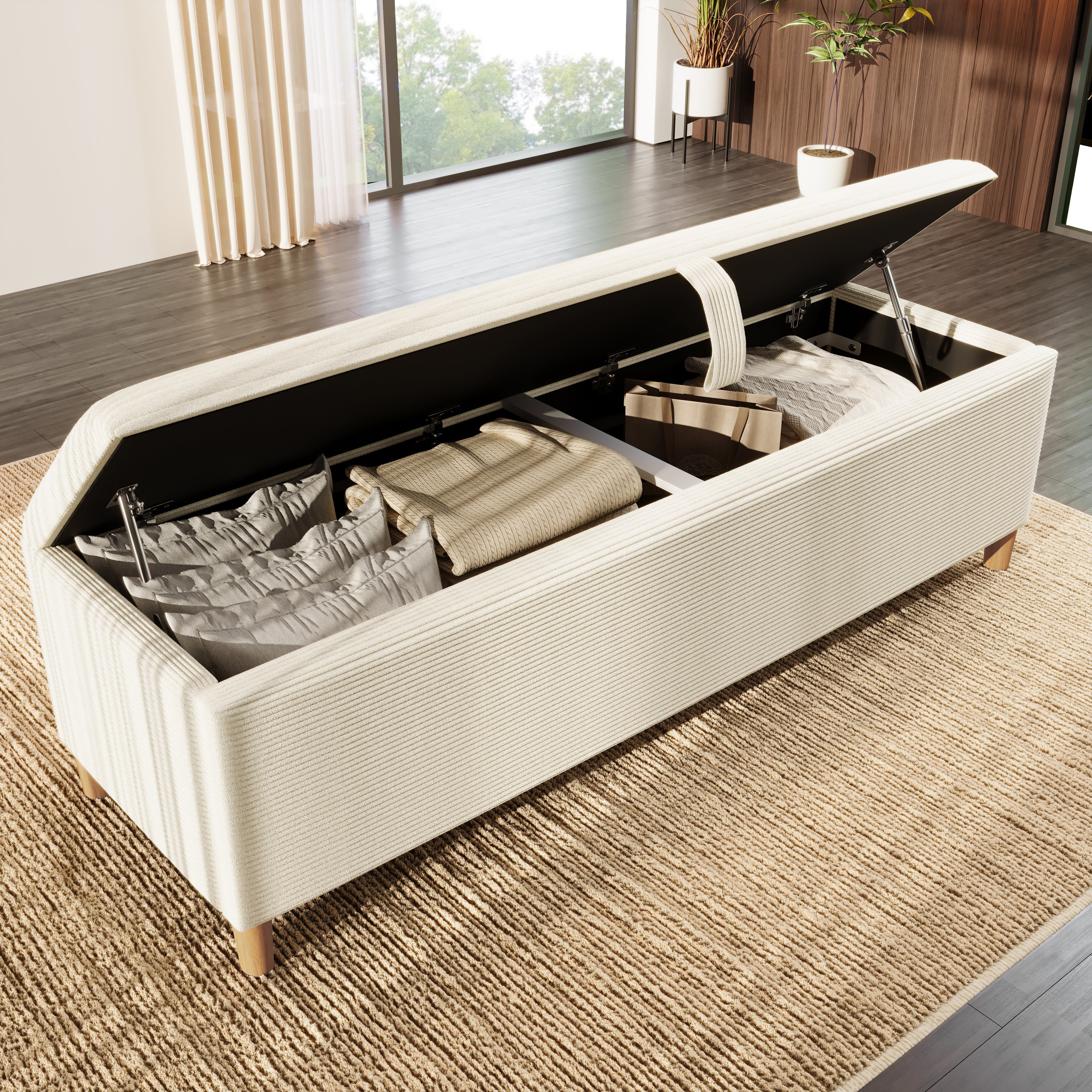bed bench with storage space, 145 x 38 cm upholstered, beige corduroy