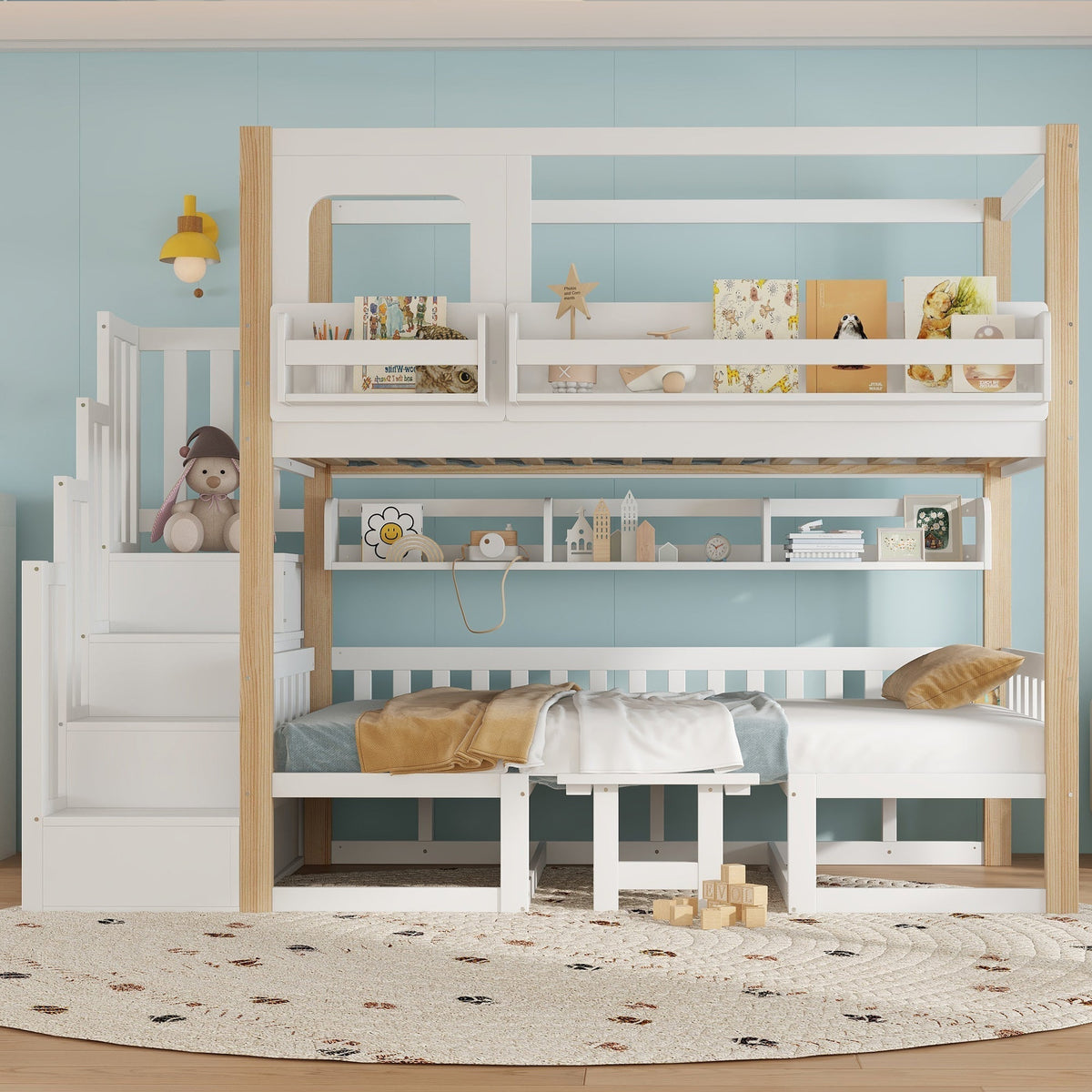 Bunk Bed with Adjustable Table, Bookshelf and Storage Stairs, 90x200cm, White and Natural Pine + MDF