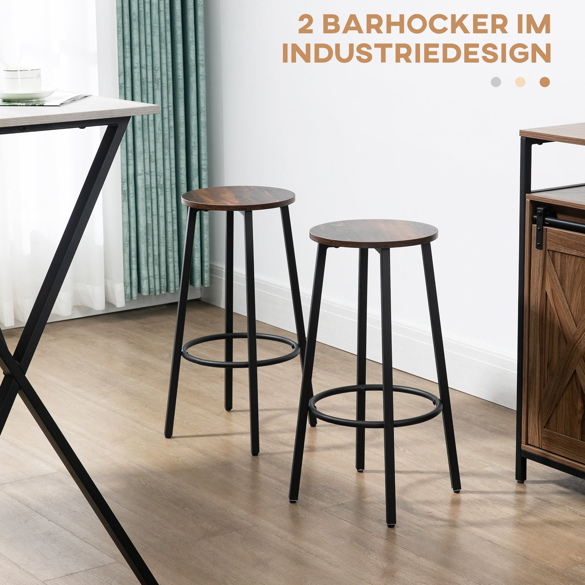 Bar Stool Set of 2, Industrial Design with Footrest, Metal Frame, Brown