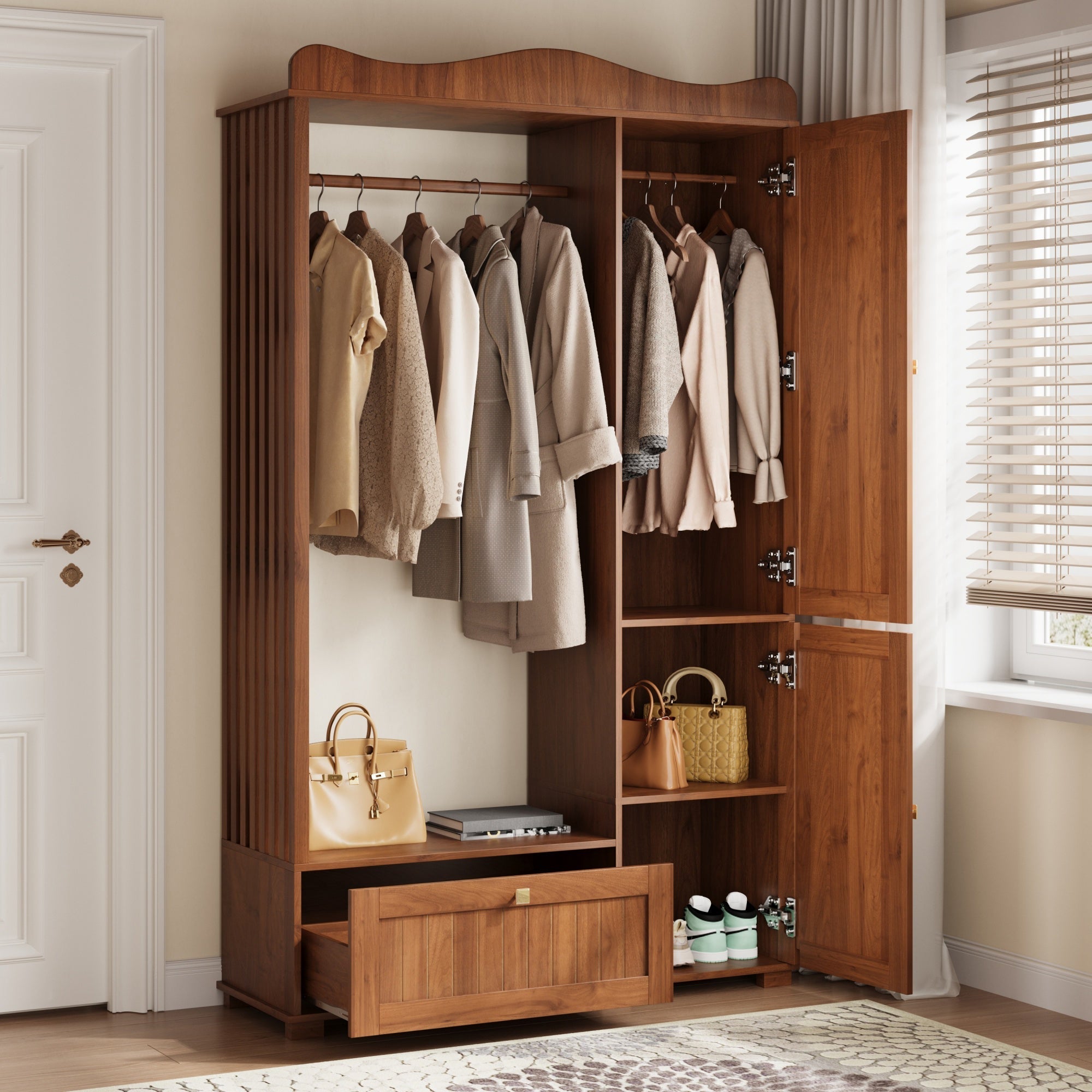 Wardrobe with Mirror and Open Clothes Rack, Drawer and 2 Doors, Natural Wood and Glass