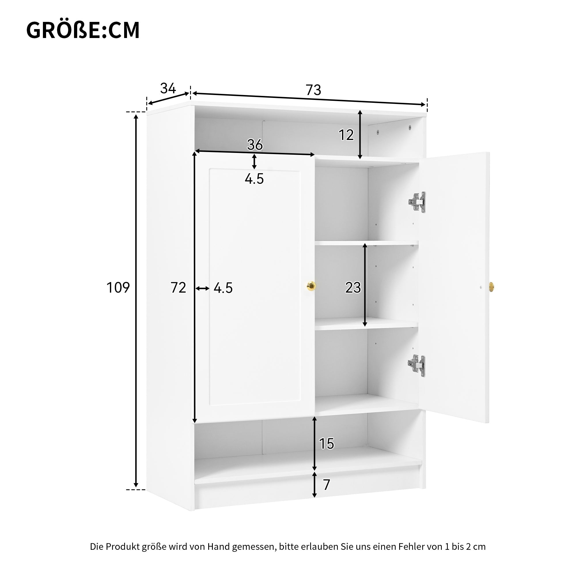 Modern Shoe Cabinet with Adjustable Shelves, Golden Handles, White
