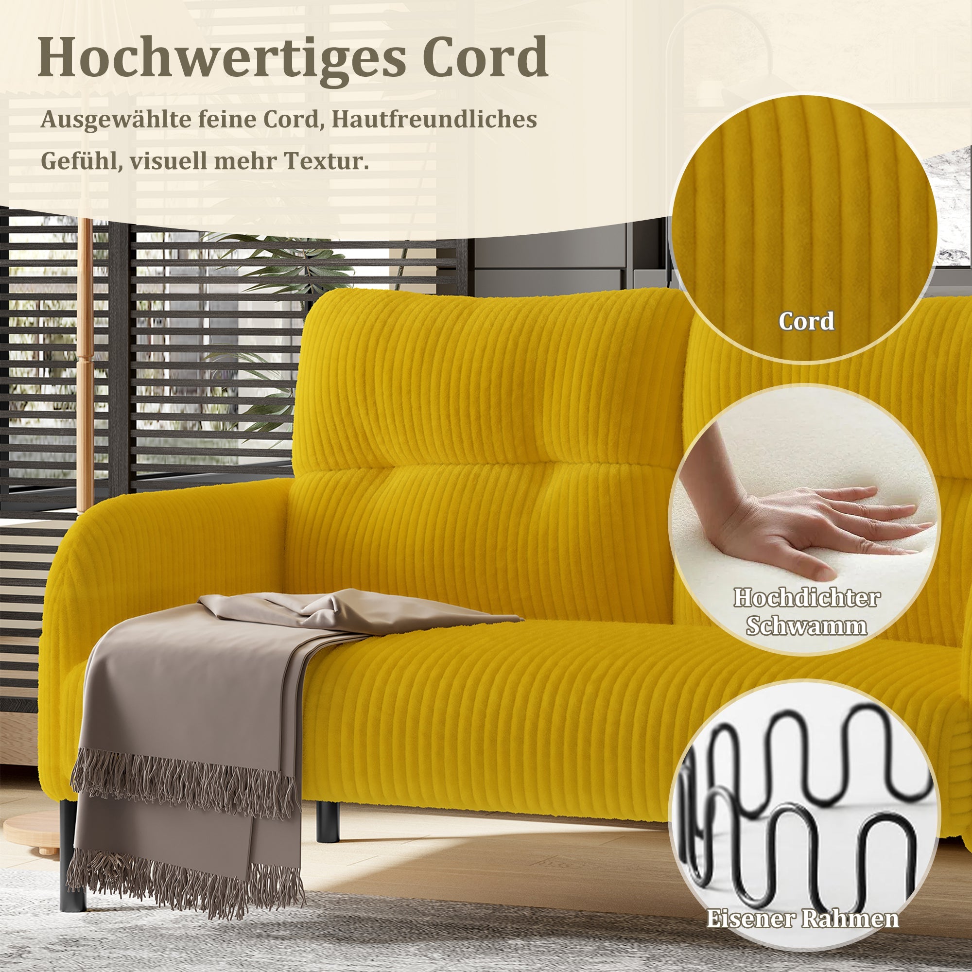 Corduroy Two-Seater Sofa Comfort Padding High Backrest Side Pockets Metal Feet, Corduroy Fabric