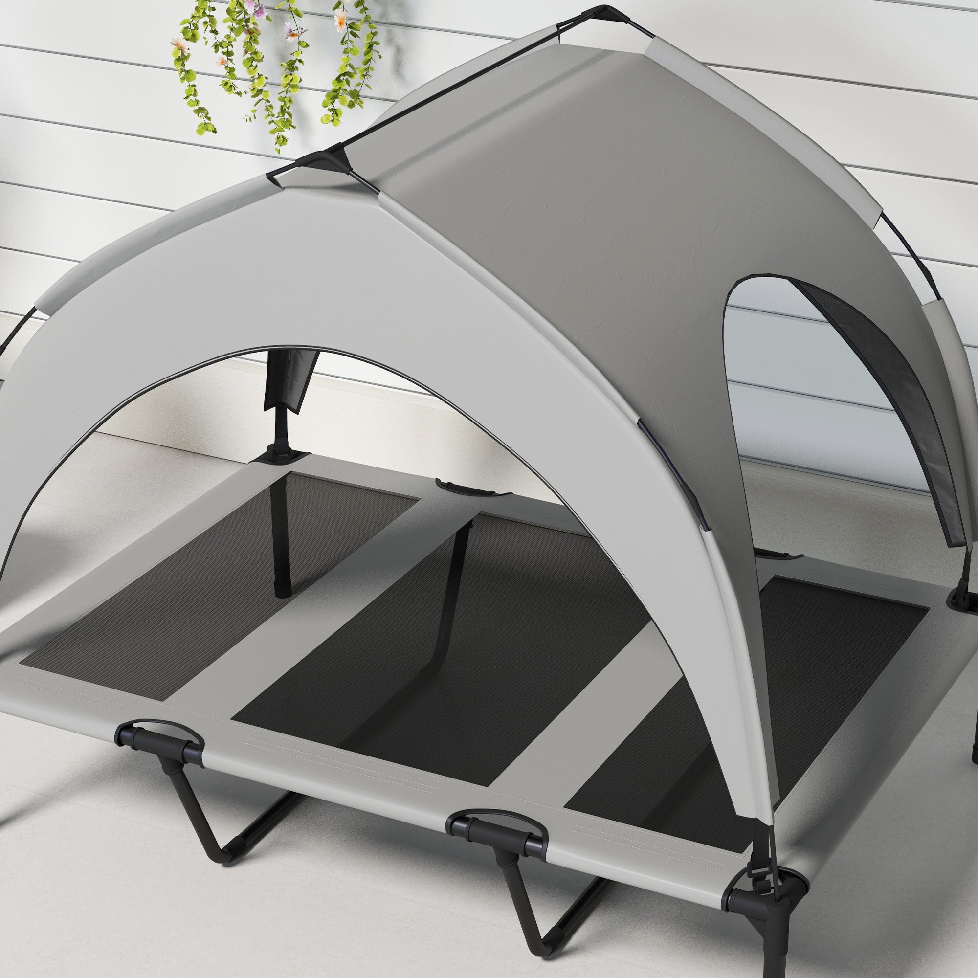 Elevated Dog Bed, Canopy Outdoor Lounger, Breathable, Light Gray Oxford