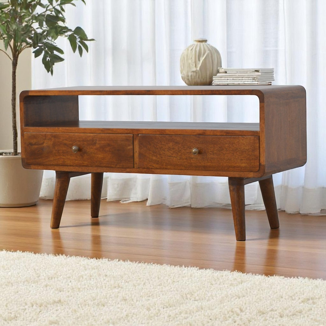 Solid Wood Media Unit, Curved Chestnut 2 Drawers 1 Open Slot, Dark Brown