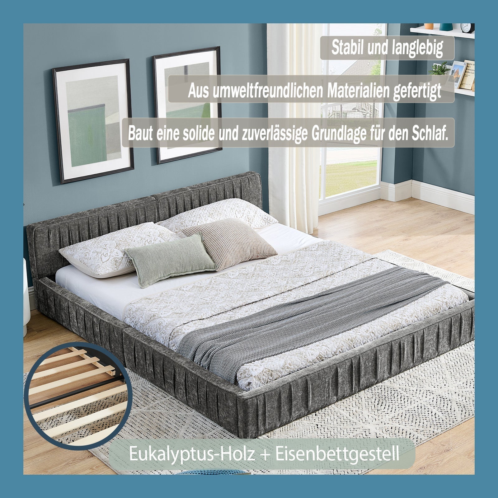 Double Bed 160x200cm Chenille Eucalyptus Wood Iron Frame - Dark Grey