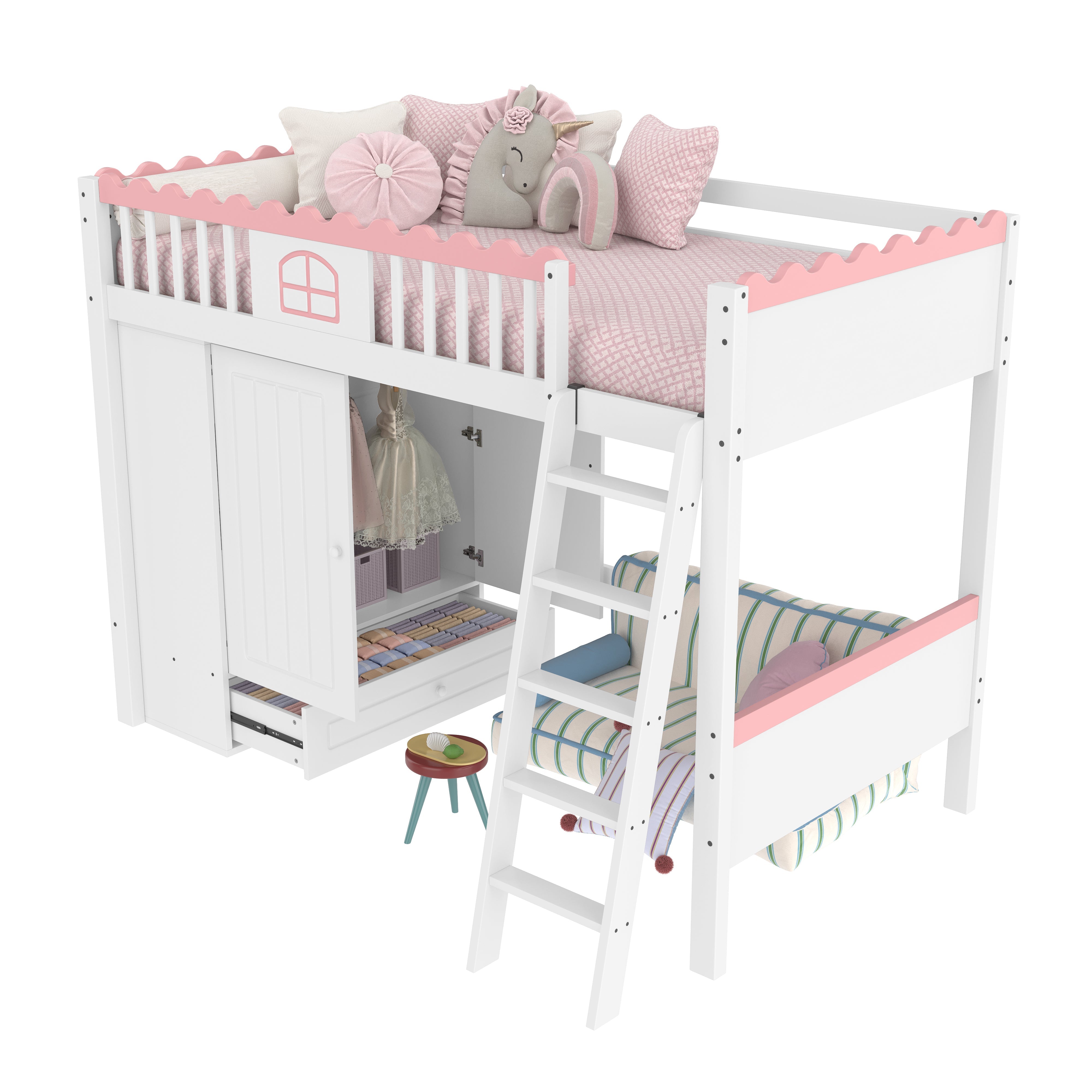 Loft Bed 90x200cm Single Storage Wardrobe LED - White Pine Wood