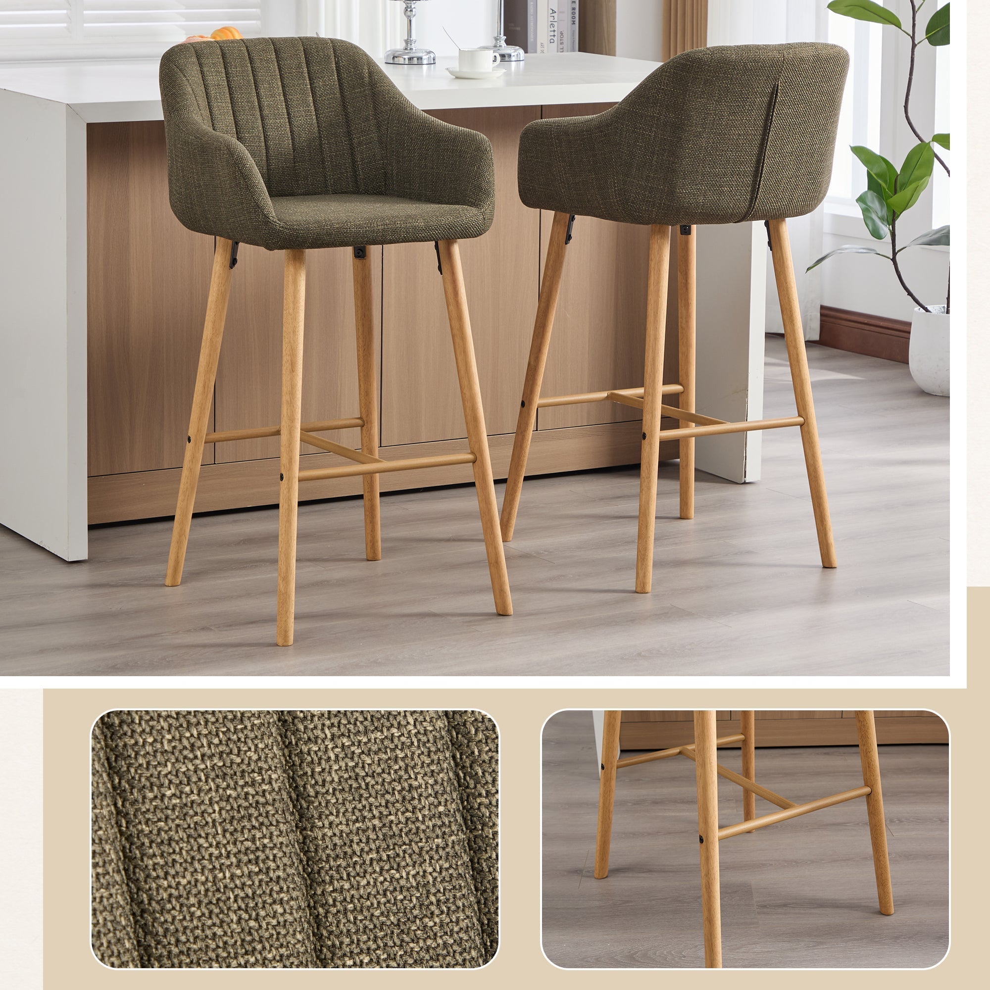 Modern European Bar Stools with High Backrest and Armrests, Set of 2, Beige Linen