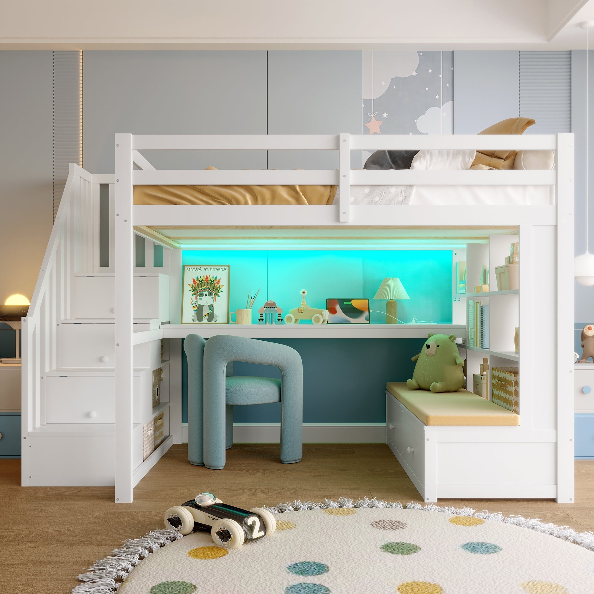 Loft Bed with Desk, Shelves, Drawers and Storage Stairs, 140x200cm, White