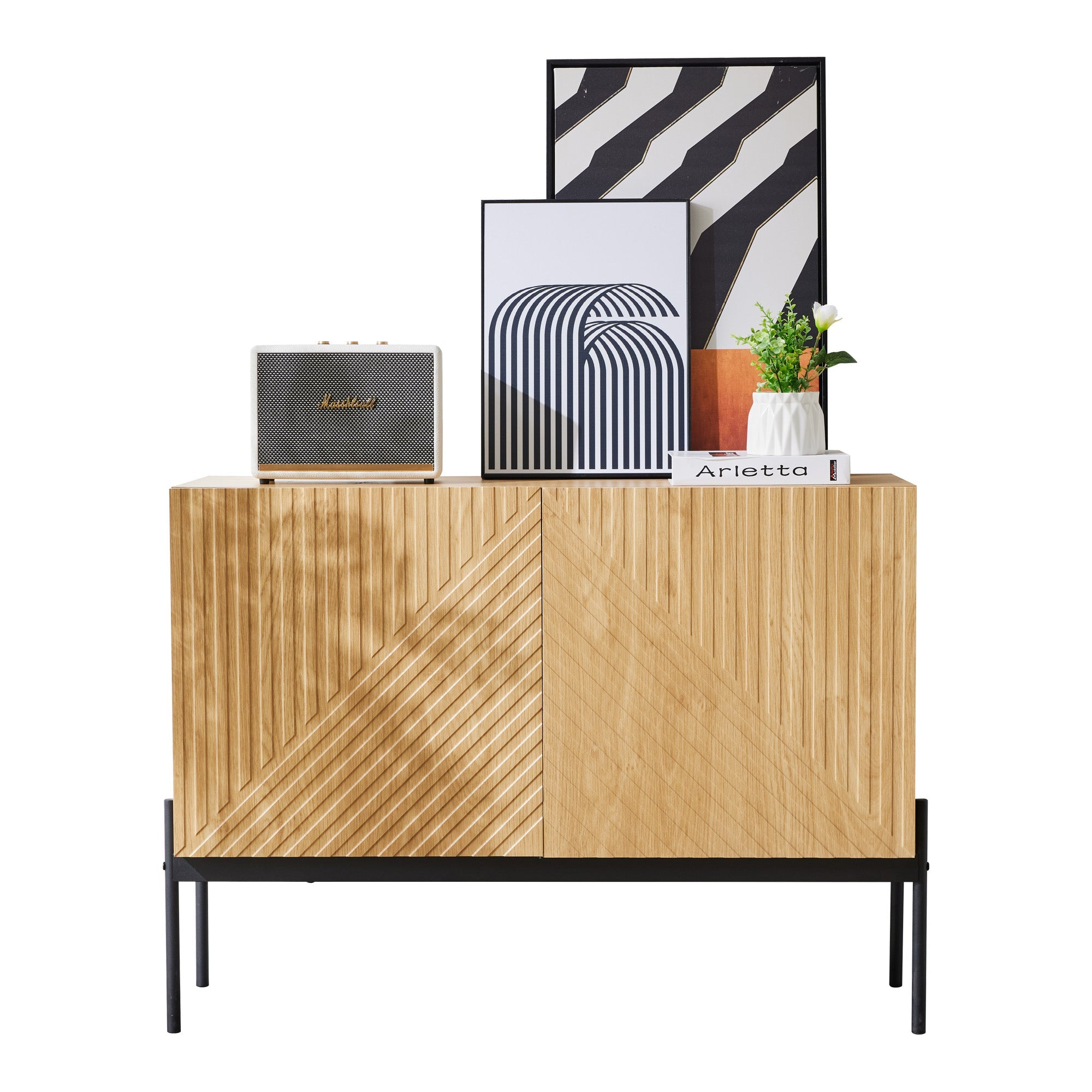 Sideboard with 2 doors and metal legs, linear design, 75x100x40 cm, aluminum