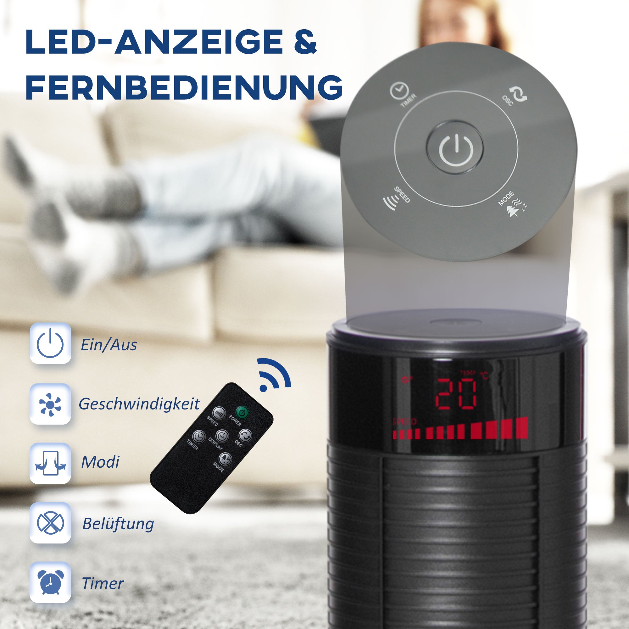 Tower Fan, 45W 70° Oscillation 12H Timer 3 Quiet Speeds, Black
