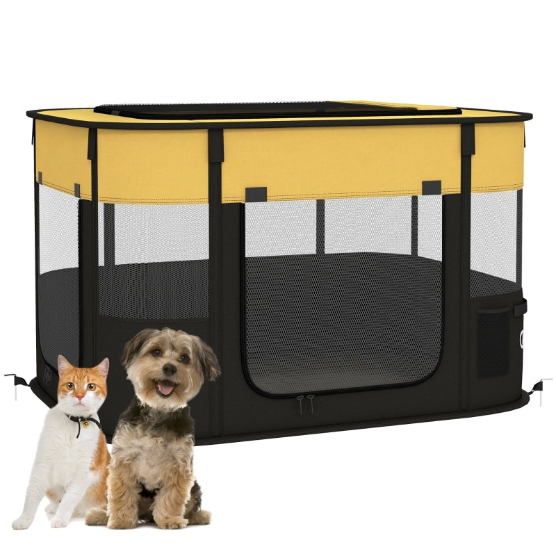 Foldable Dog Pen, Portable Pet Playpen with Ground Stakes Yellow