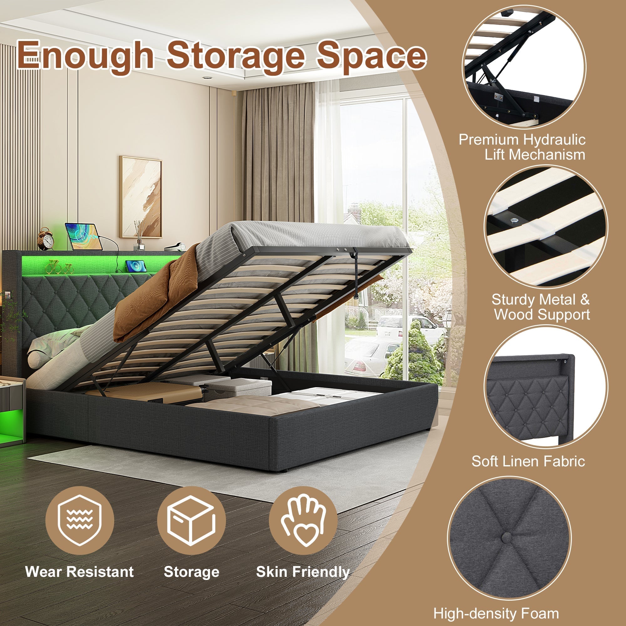 4ft6 Double Upholstered Bed Frame, Hydraulic Storage LED Headboard Charging Station, Linen Grey