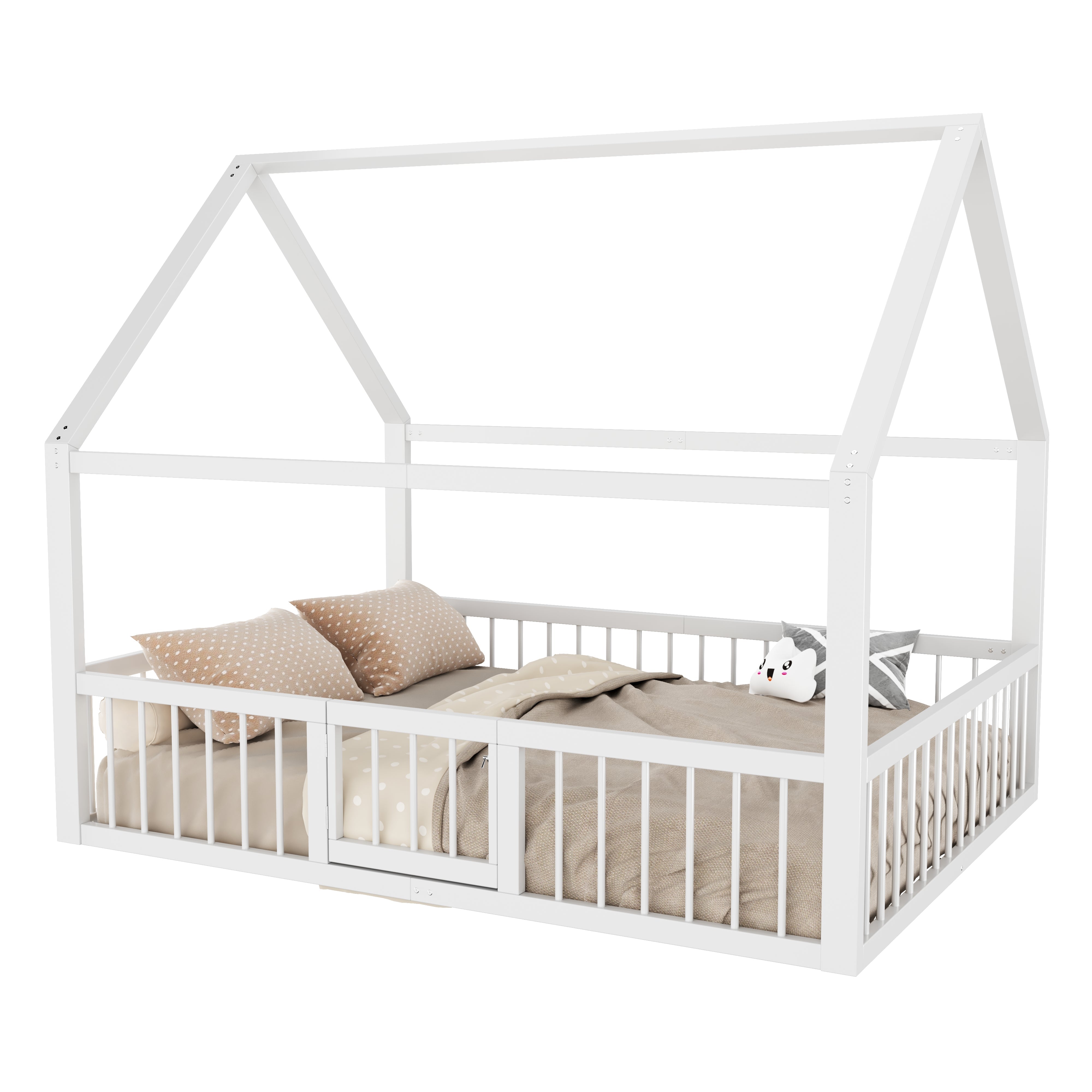 Children's Metal Bed 140x200cm House Design with Railing - White
