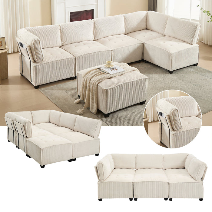 Modular 6-Seater Sofa 308cm Ergonomic Storage Pockets Corduroy, Beige