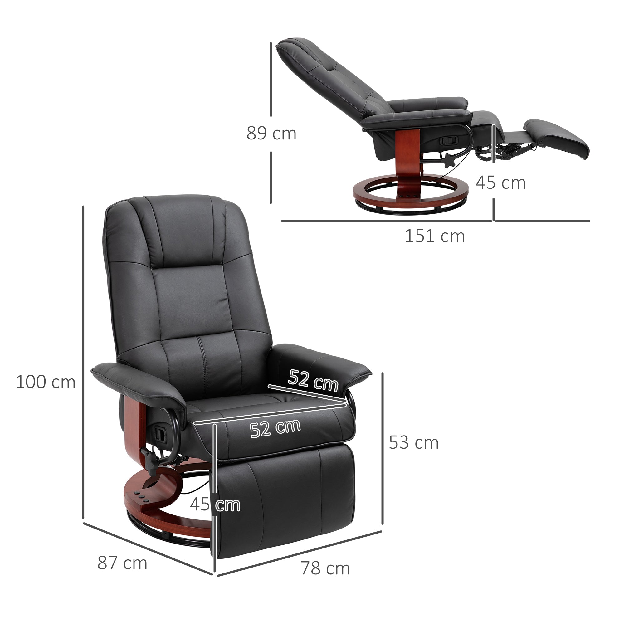 Recliner Chair TV with Footrest 360° Swivel Wooden Base Faux Leather Black