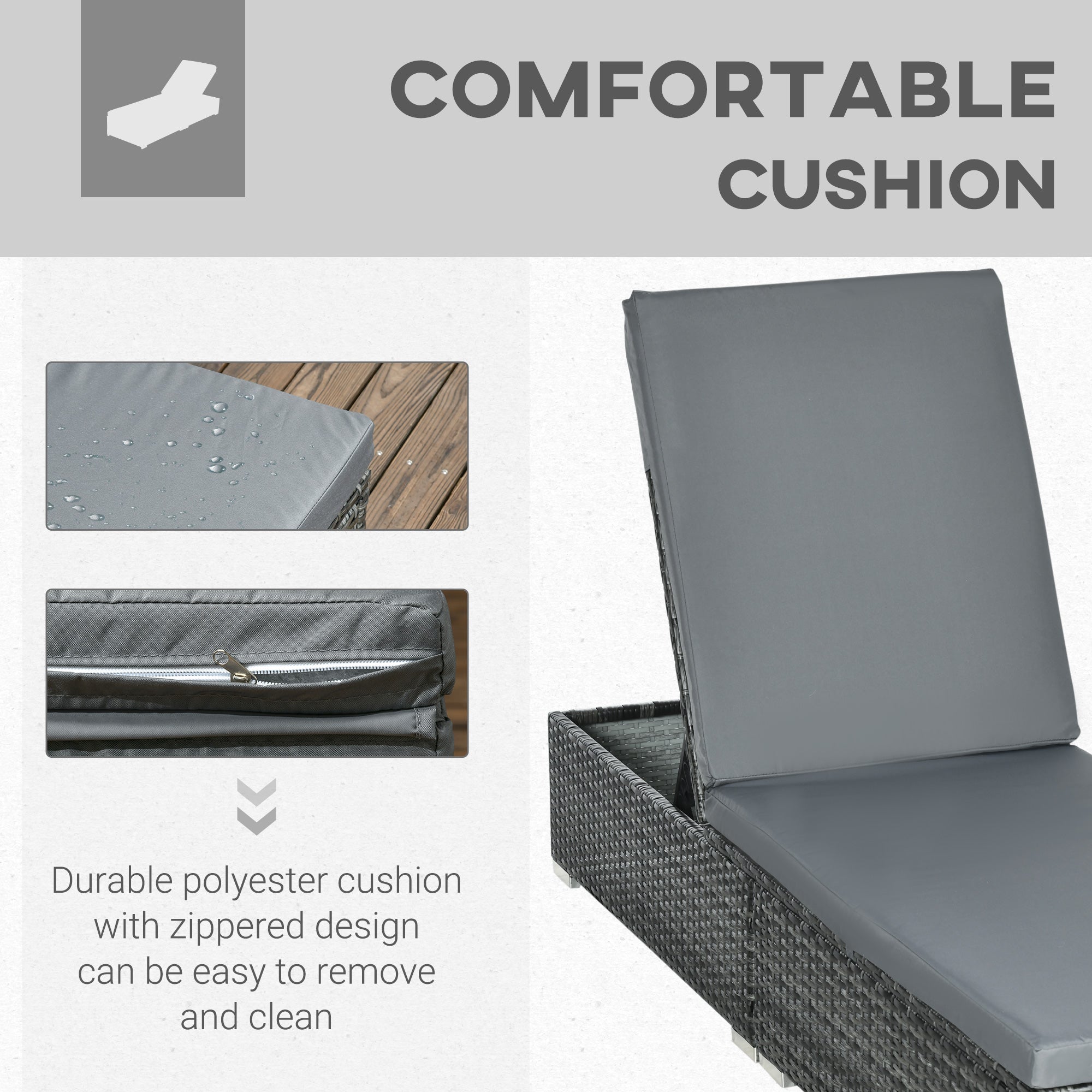 PE Rattan Sun Lounger, Five-level Adjustable Recliner with Padded Cushion, Mixed Grey