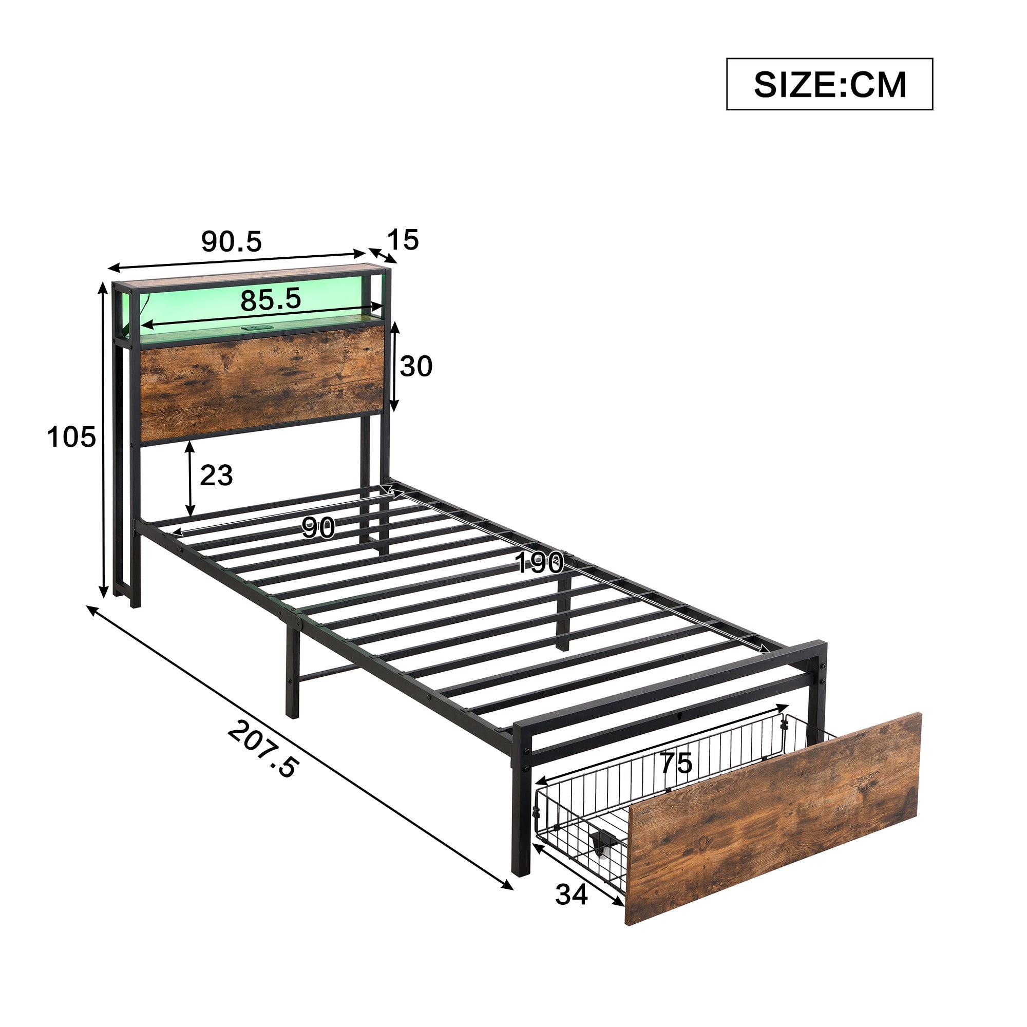 Metal Bed, 3FT Single with LED Light Strip & Drawer, Black & Walnut