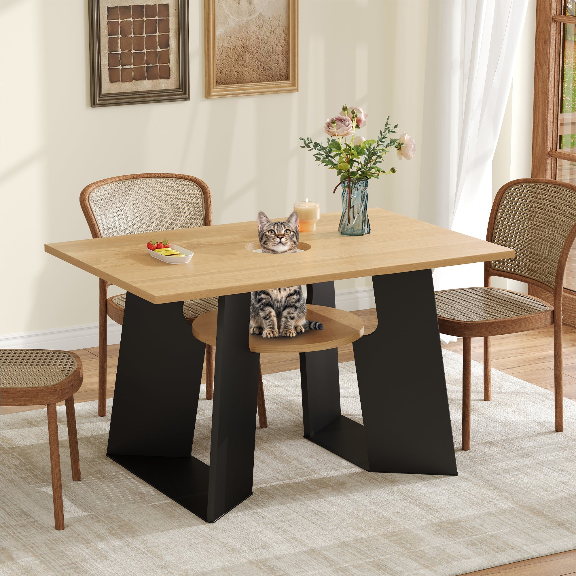Pet-Friendly Dining Table 6 Seater Pet Area Shelf - Natural Wood/Black Mix