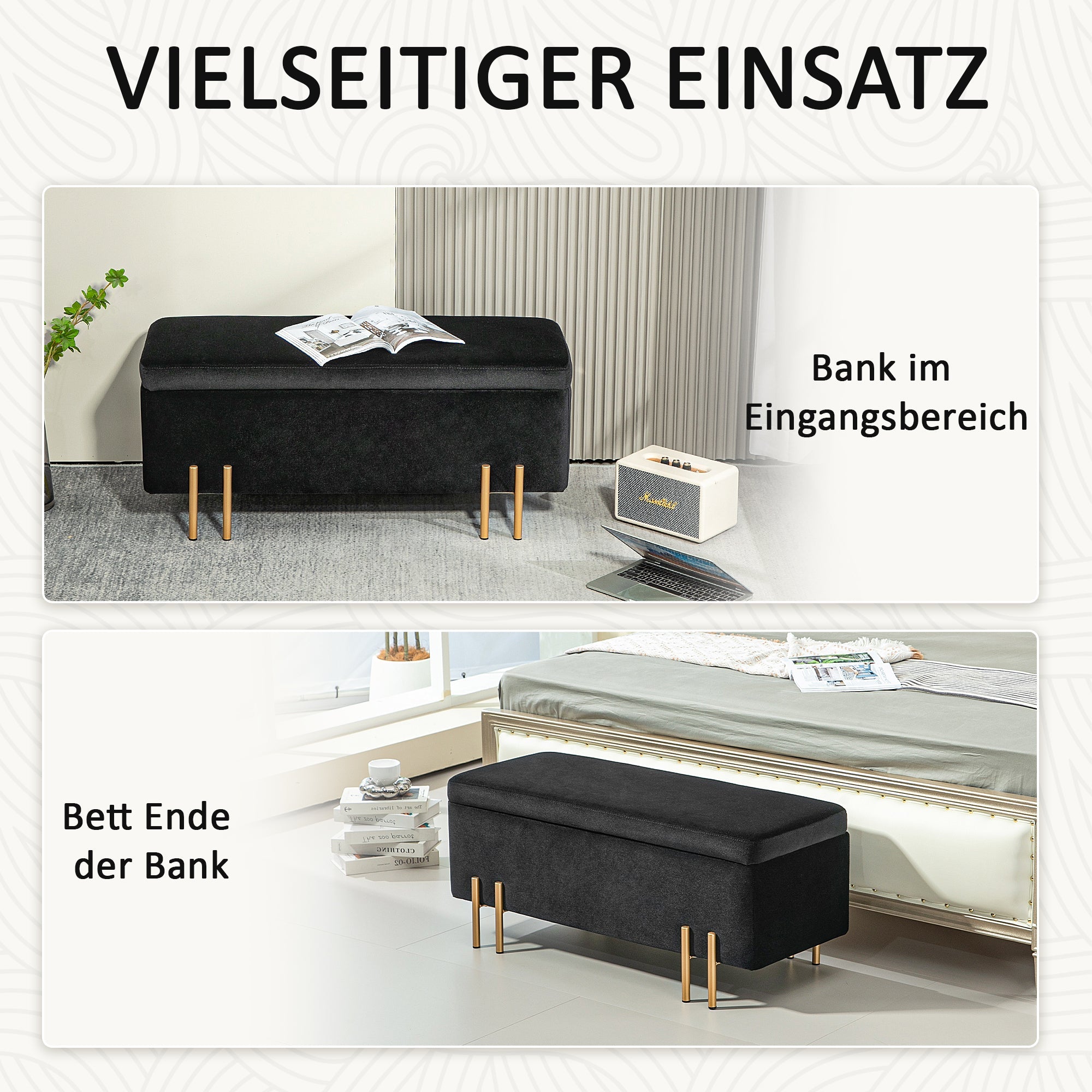 Bench Upholstered with Storage 100x40x42cm, Black Fabric/Metal