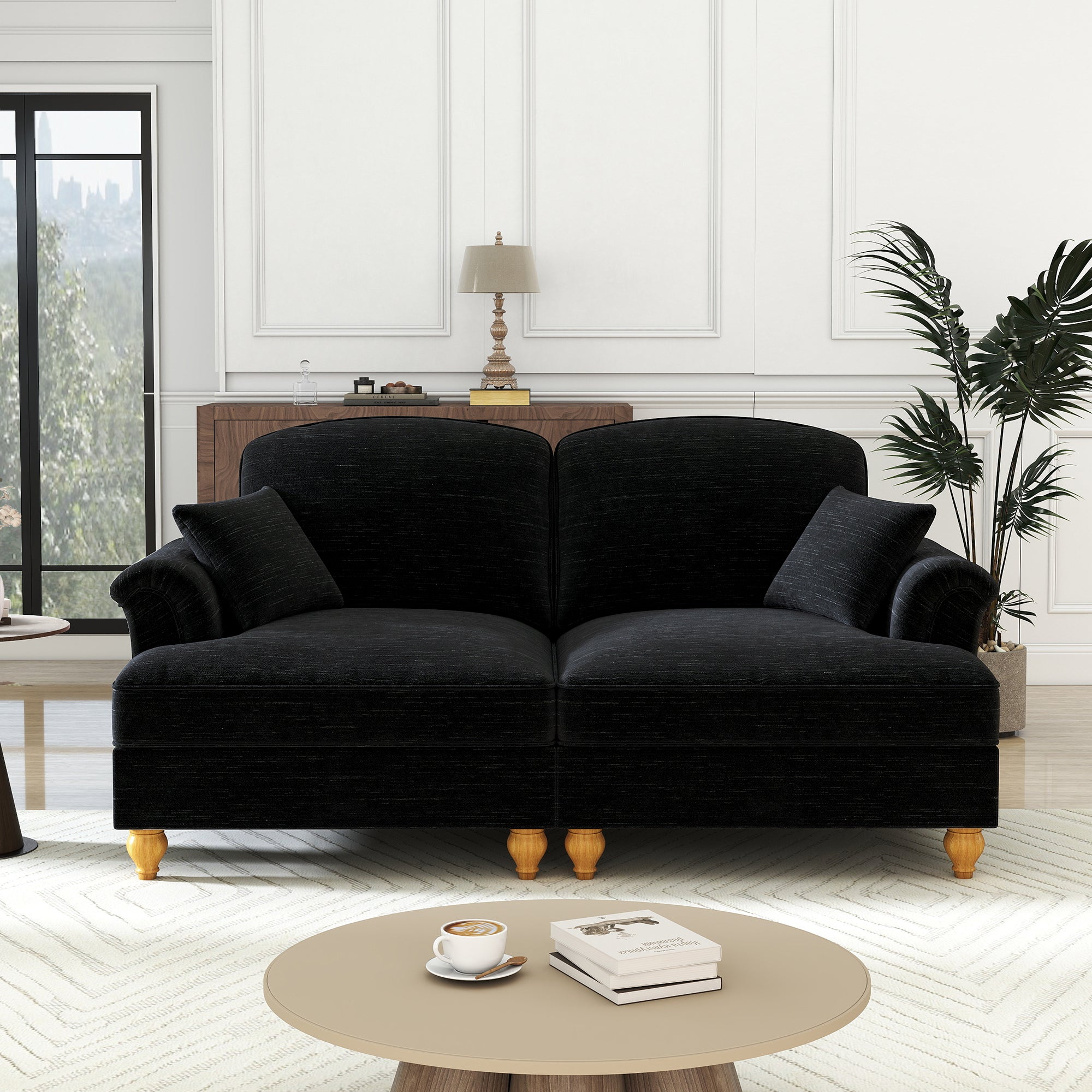 2-Seater Sofa Mid-Century Modern Flared Arms Chenille - Black