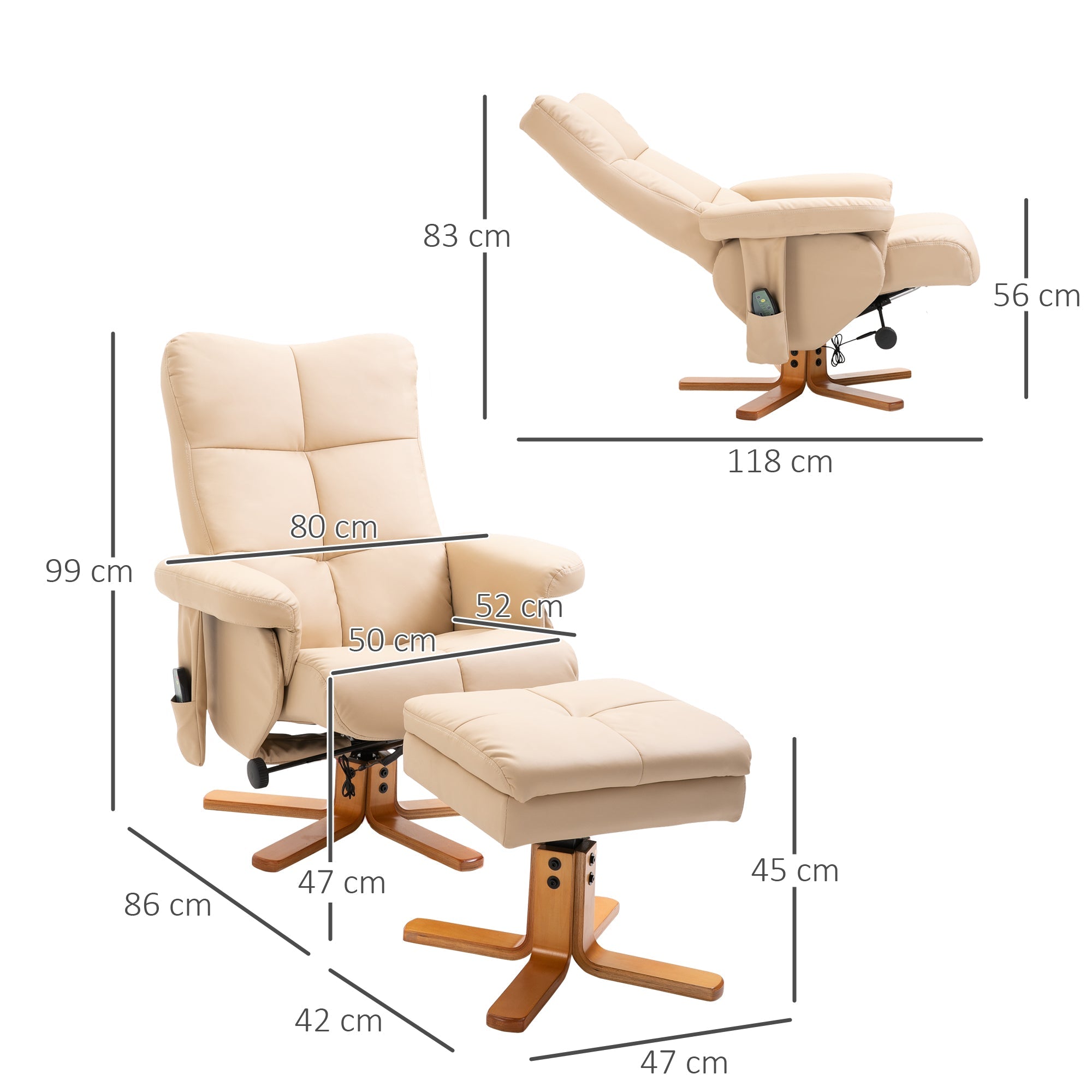 Reclining Massage Chair with Footstool, Storage, 145° Tilt, Polyester Cream White