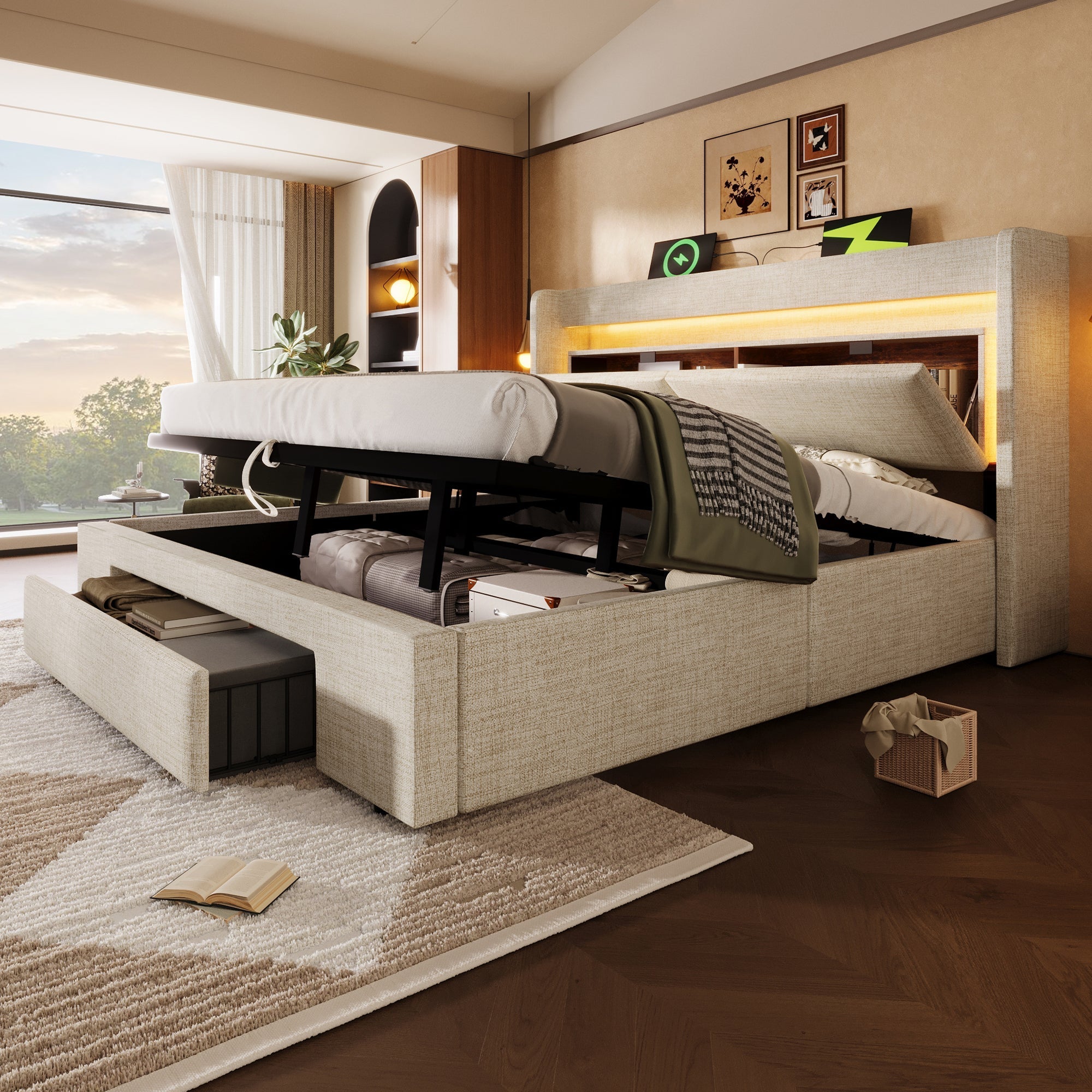 Upholstered Bed 140x200 cm Hydraulic Storage Headboard LED USB/USB-C - Beige Linen