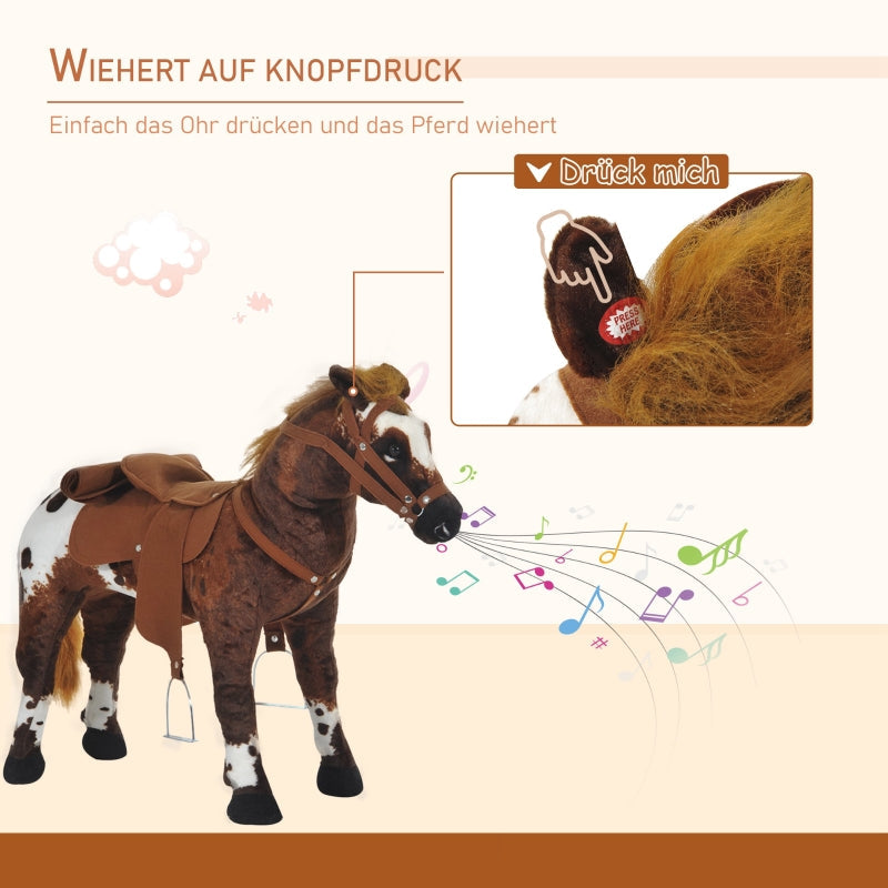 Plush Riding Horse with Saddle, Sound and Stirrups, Brown