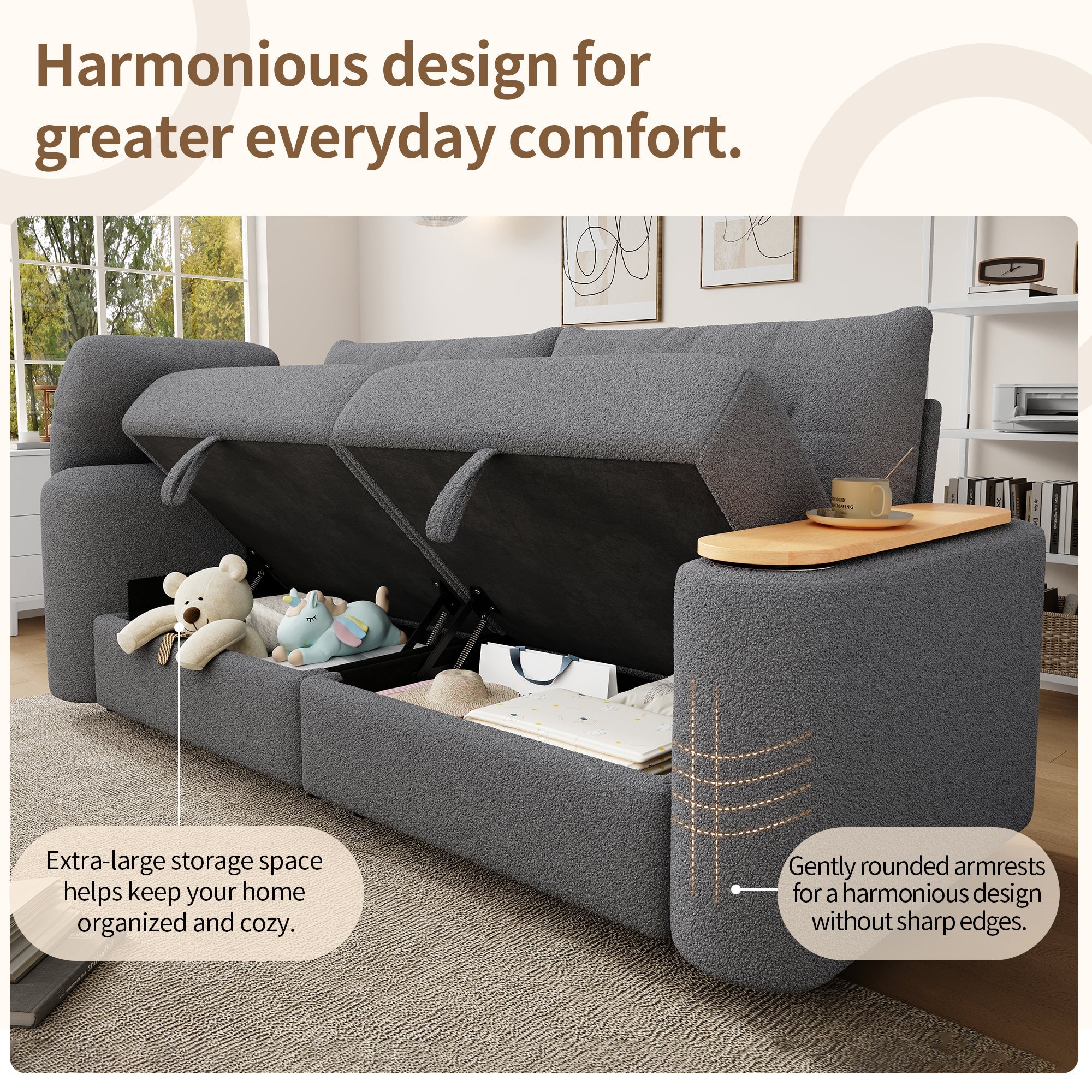 Teddy Plush Sofa, 3-Seater Modular Sofa Bed with Storage and Side Table, Gray